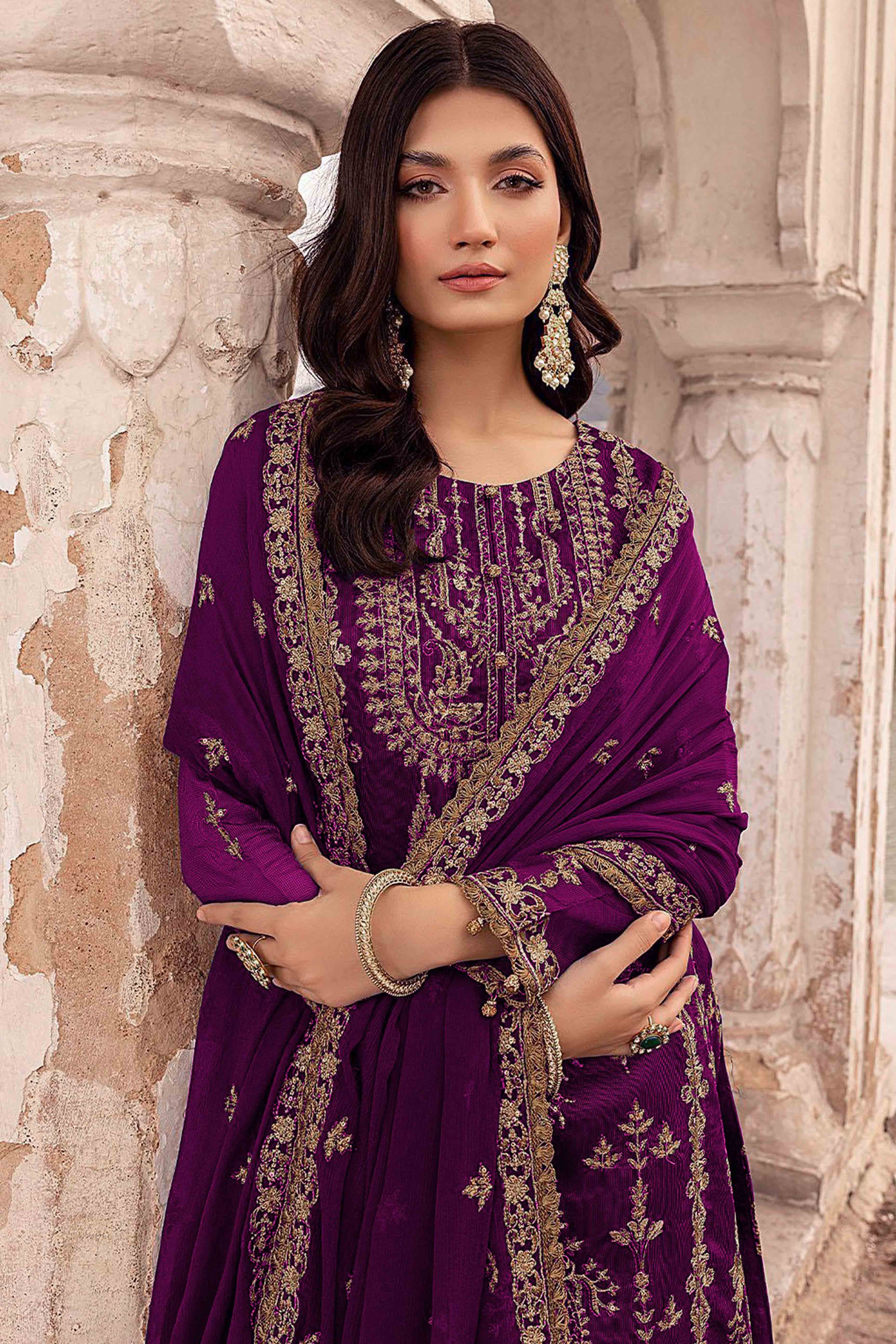 Purple Floral Sequins Embroidered Georgette Semi Stitched  Suit