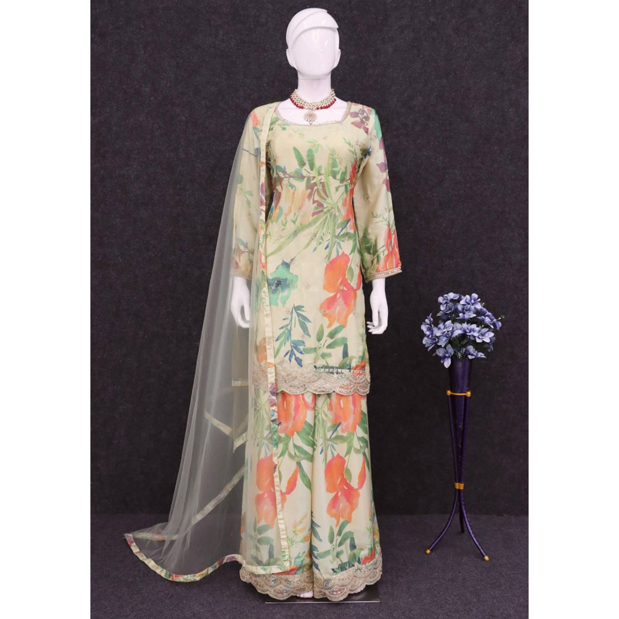 Chikoo Floral Digital Print With Sequins Embroidered Chinon Palazzo Suit
