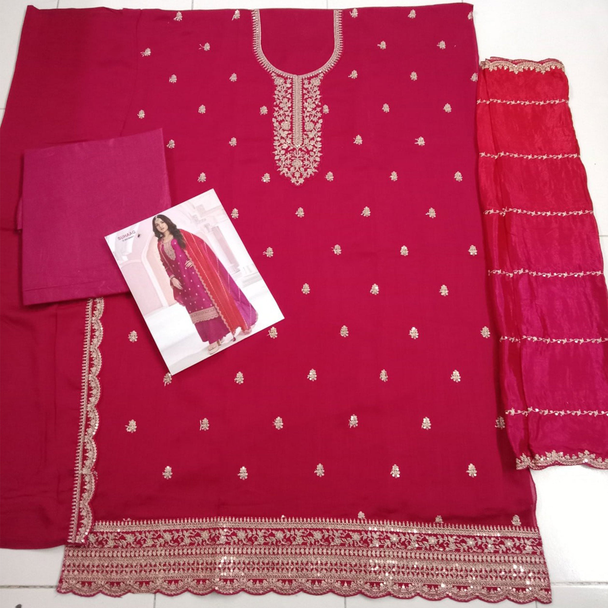 Pink Sequins Embroidered Butti Vichitra Silk Semi Stitched Salwar Suit