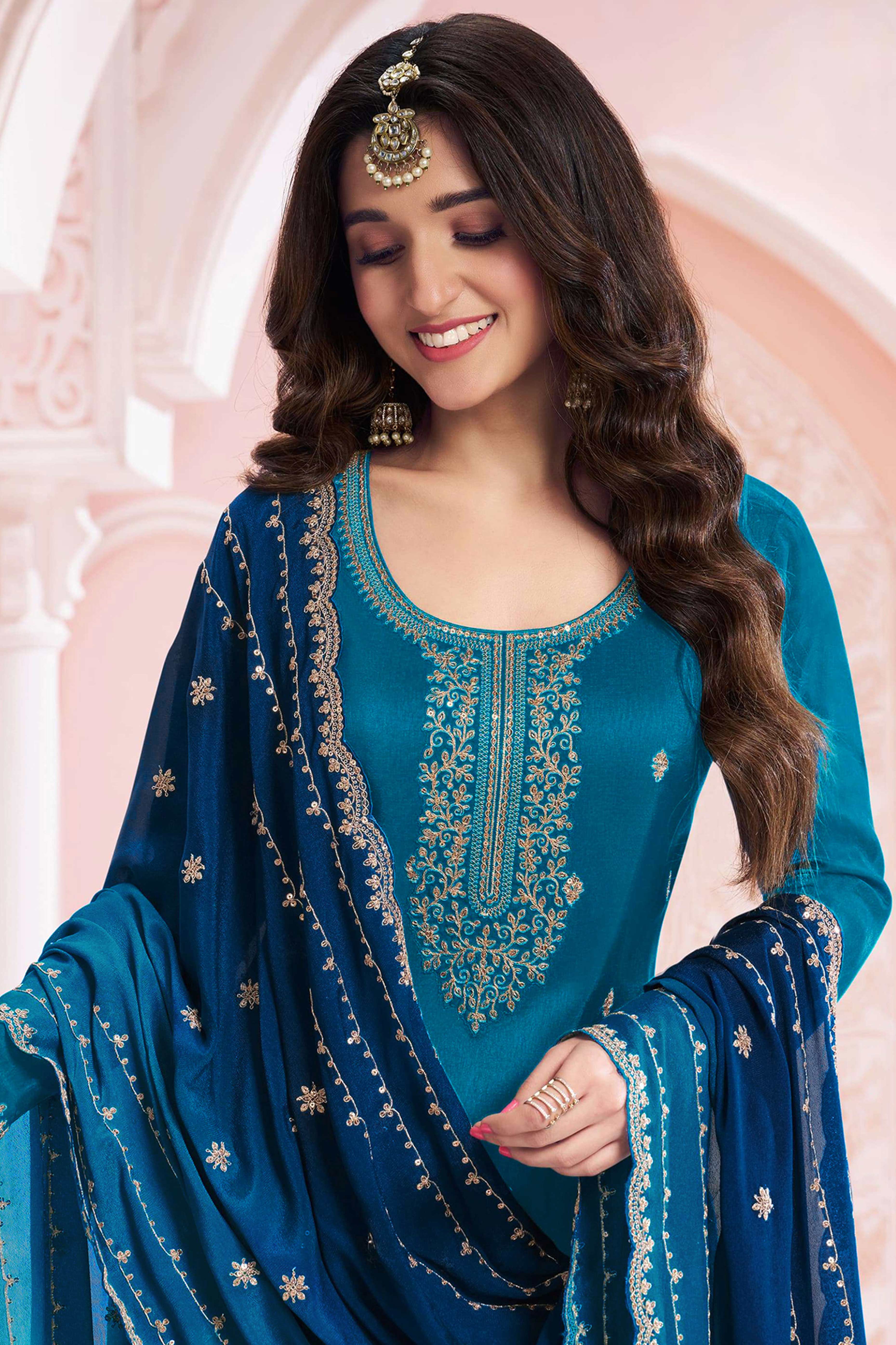 Blue Sequins Embroidered Butti Vichitra Silk Semi Stitched Salwar Suit