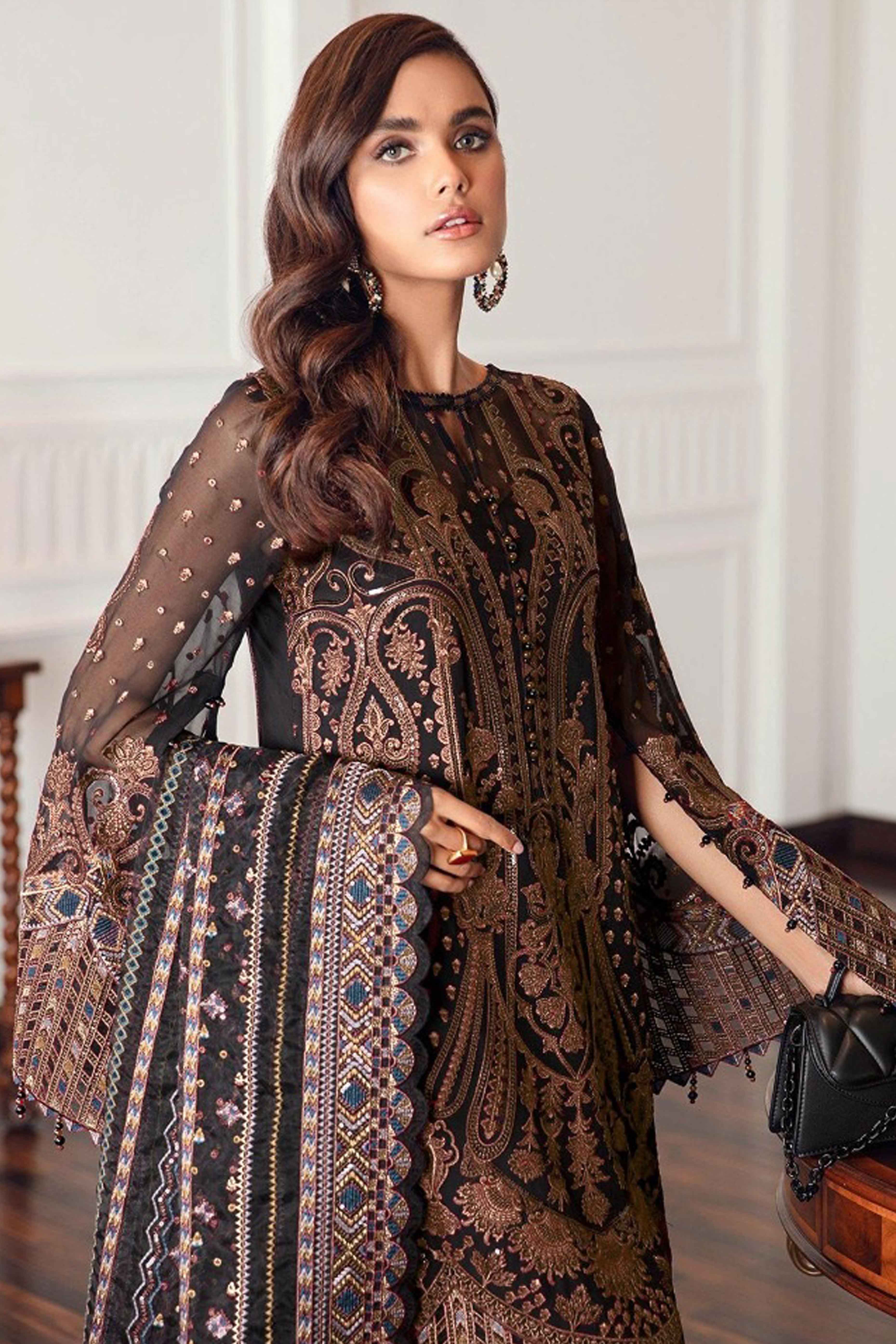 Black Georgette Semi Stitched Suit With Floral Brown Embroidery & Zarkan Work