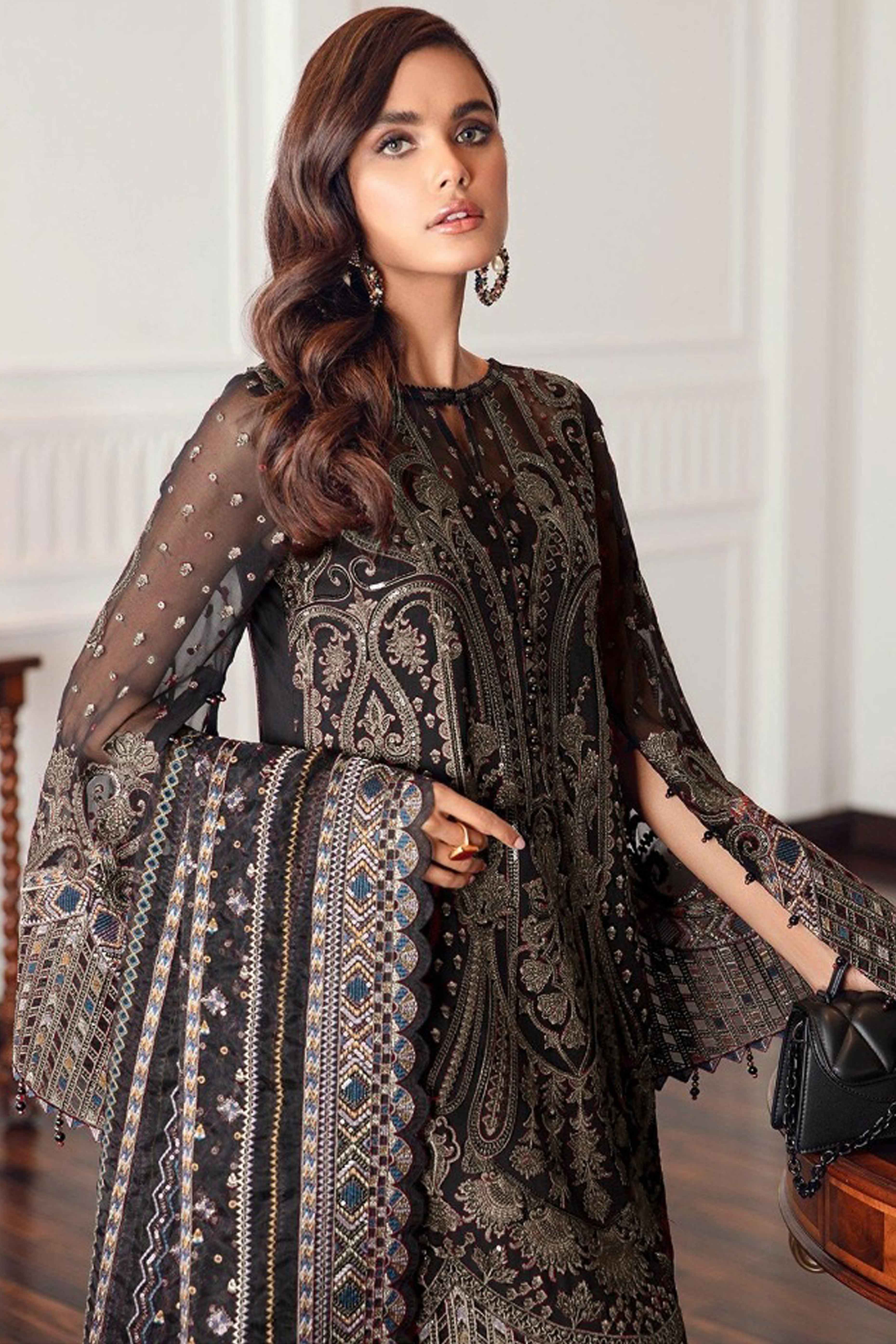 Black Georgette Semi Stitched Suit With Floral Coffee Embroidery & Zarkan Work