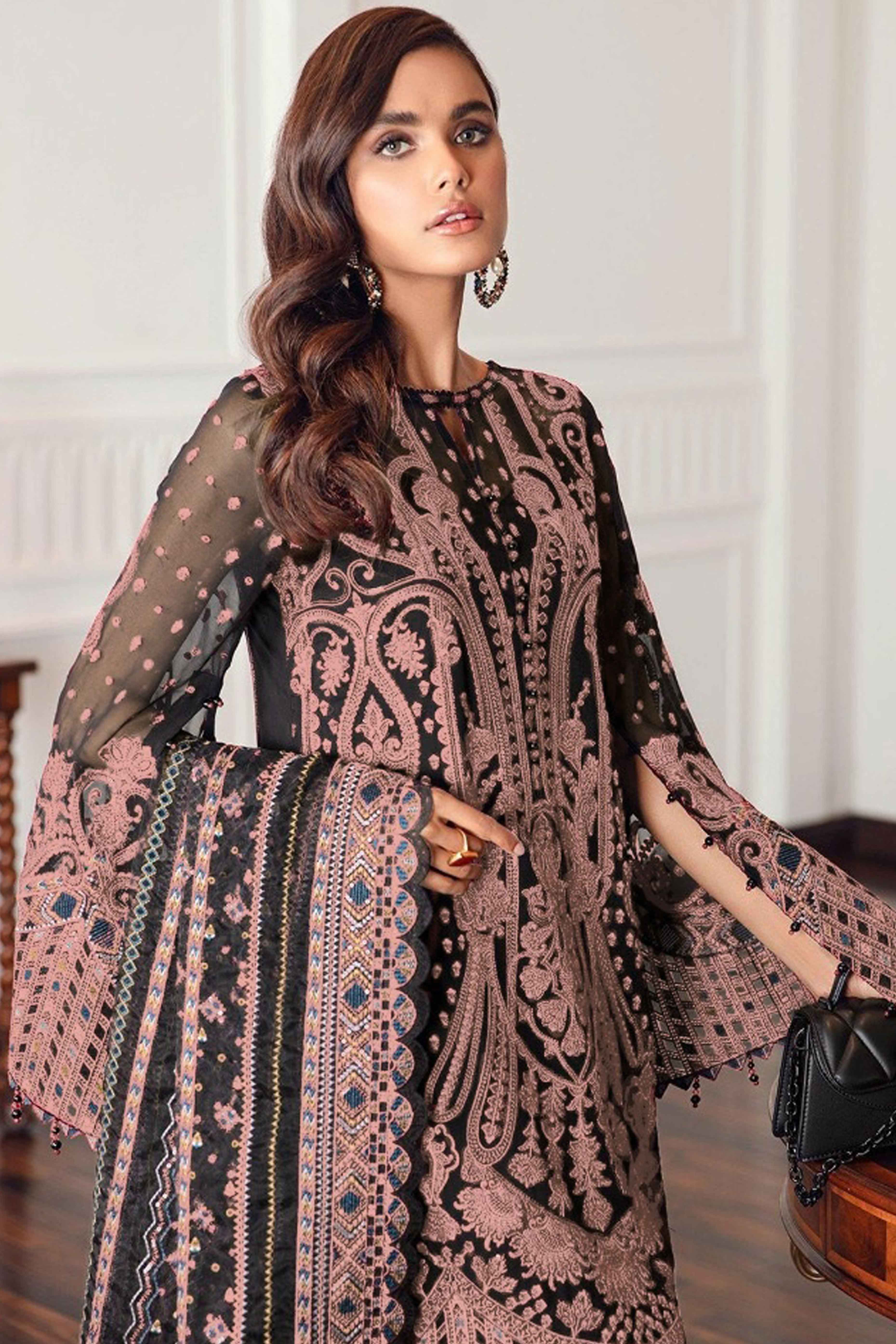 Black Georgette Semi Stitched Suit With Floral Pink Embroidery & Zarkan Work