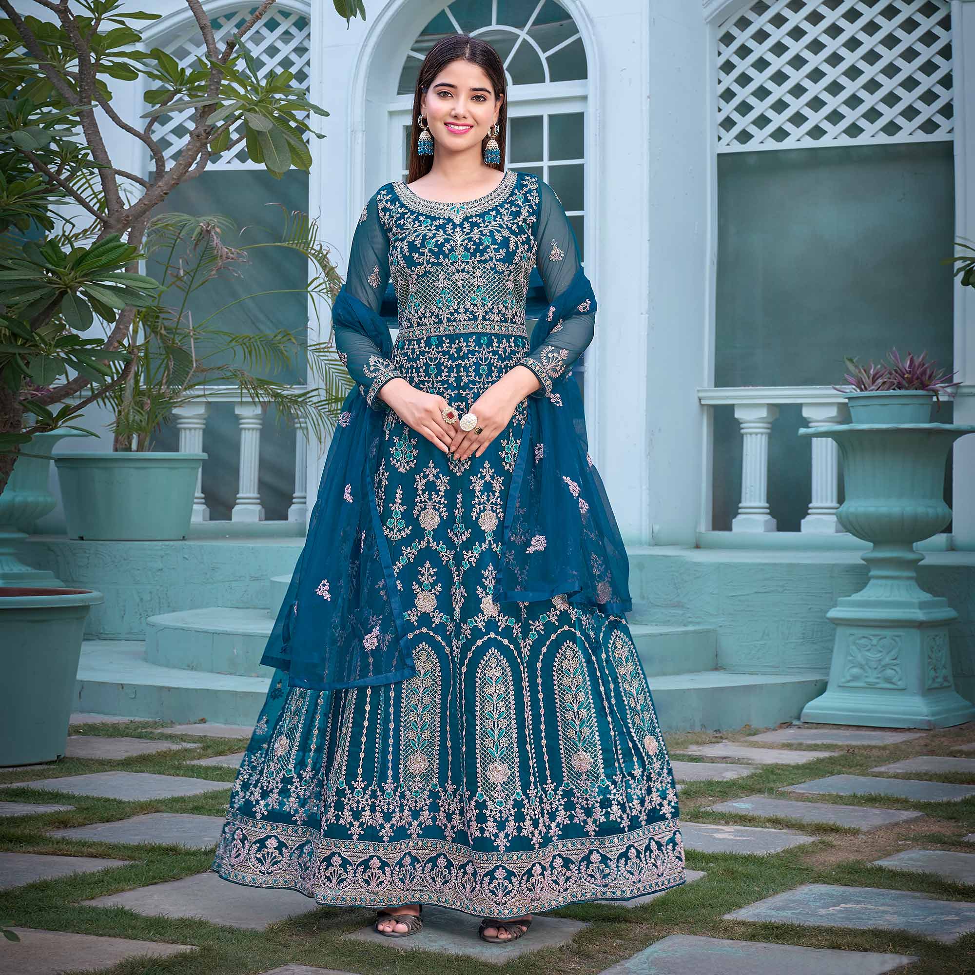 Blue Floral Embroidered Net Semi Stitched Anarkali Suit