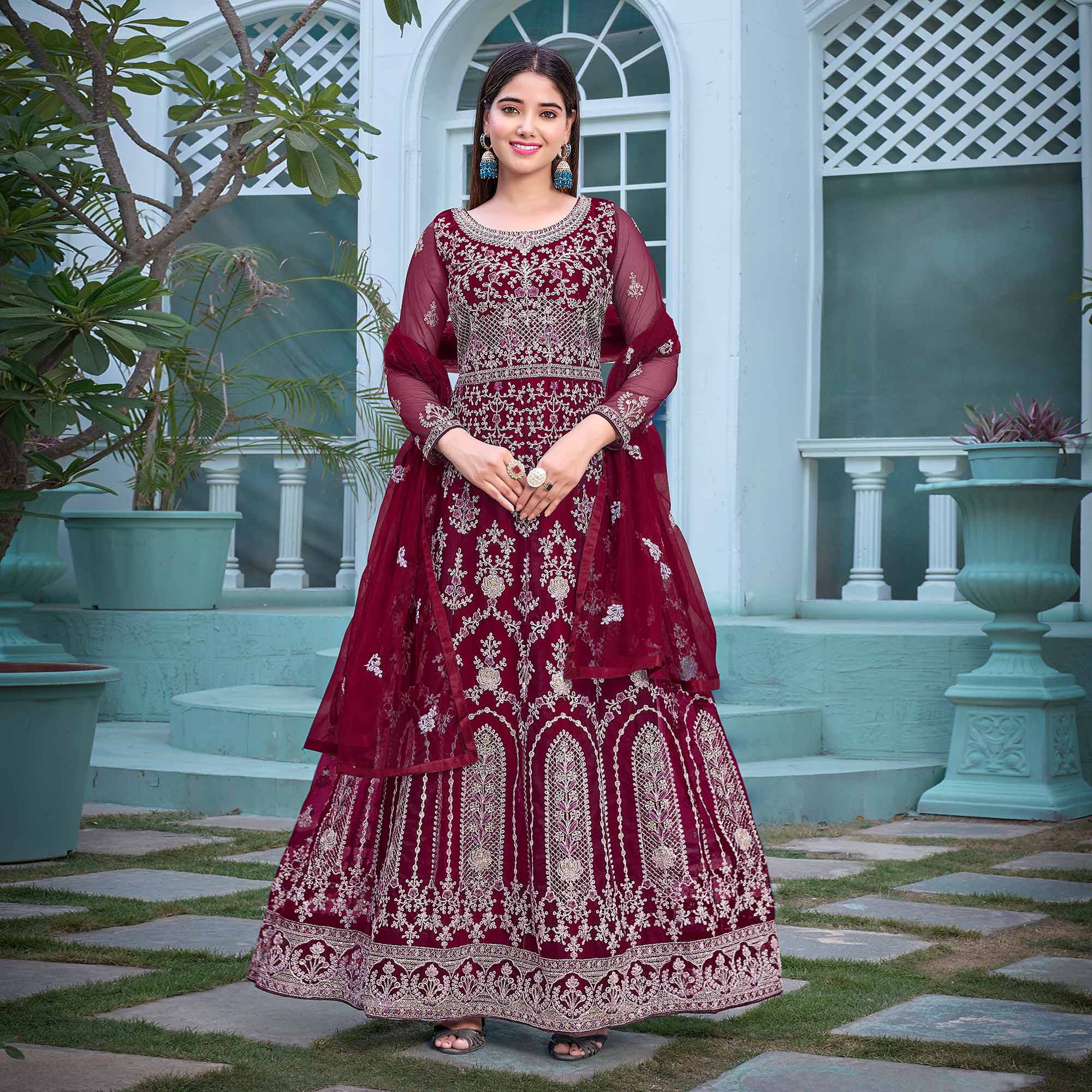 Maroon Floral Embroidered Net Semi Stitched Anarkali Suit