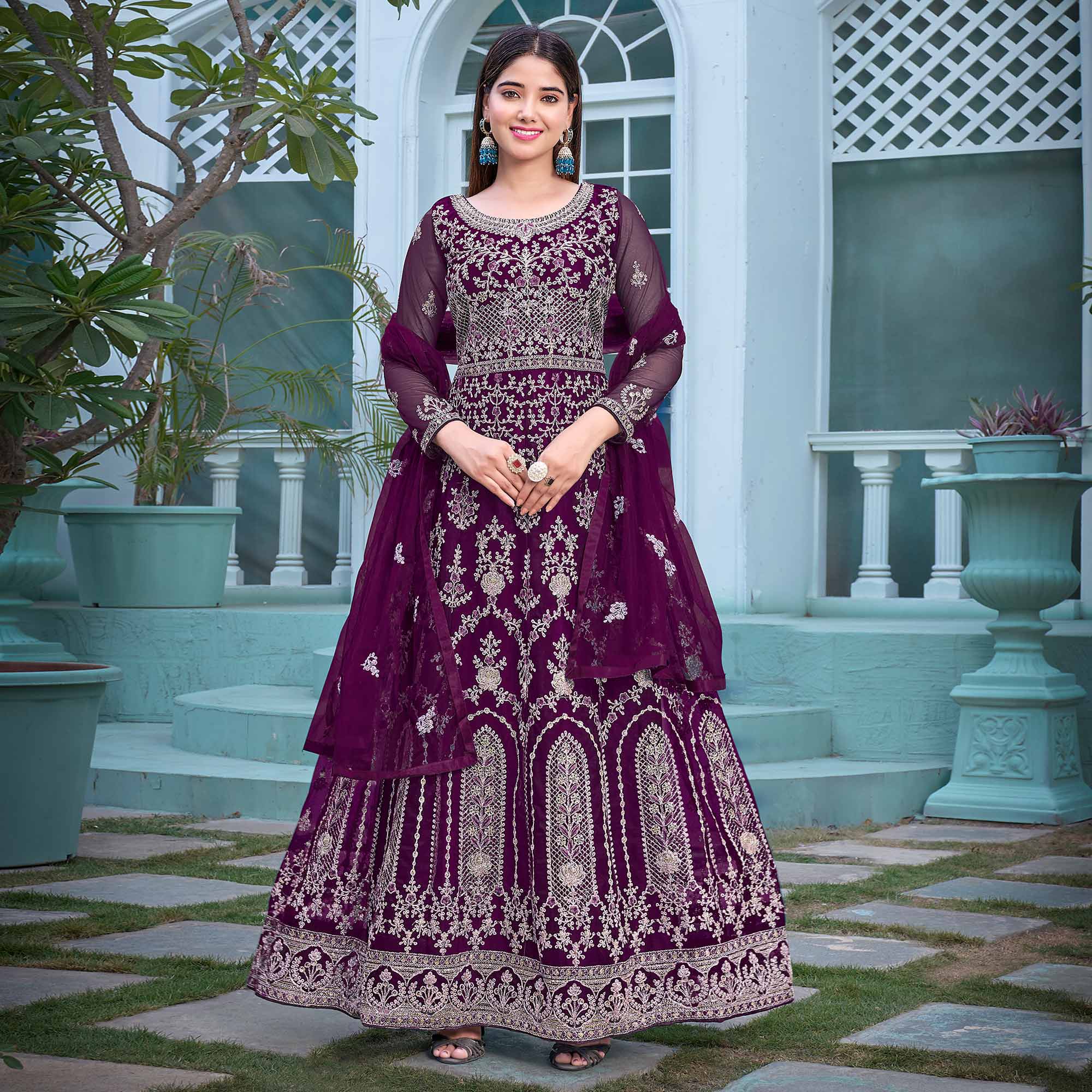 Purple Floral Embroidered Net Semi Stitched Anarkali Suit