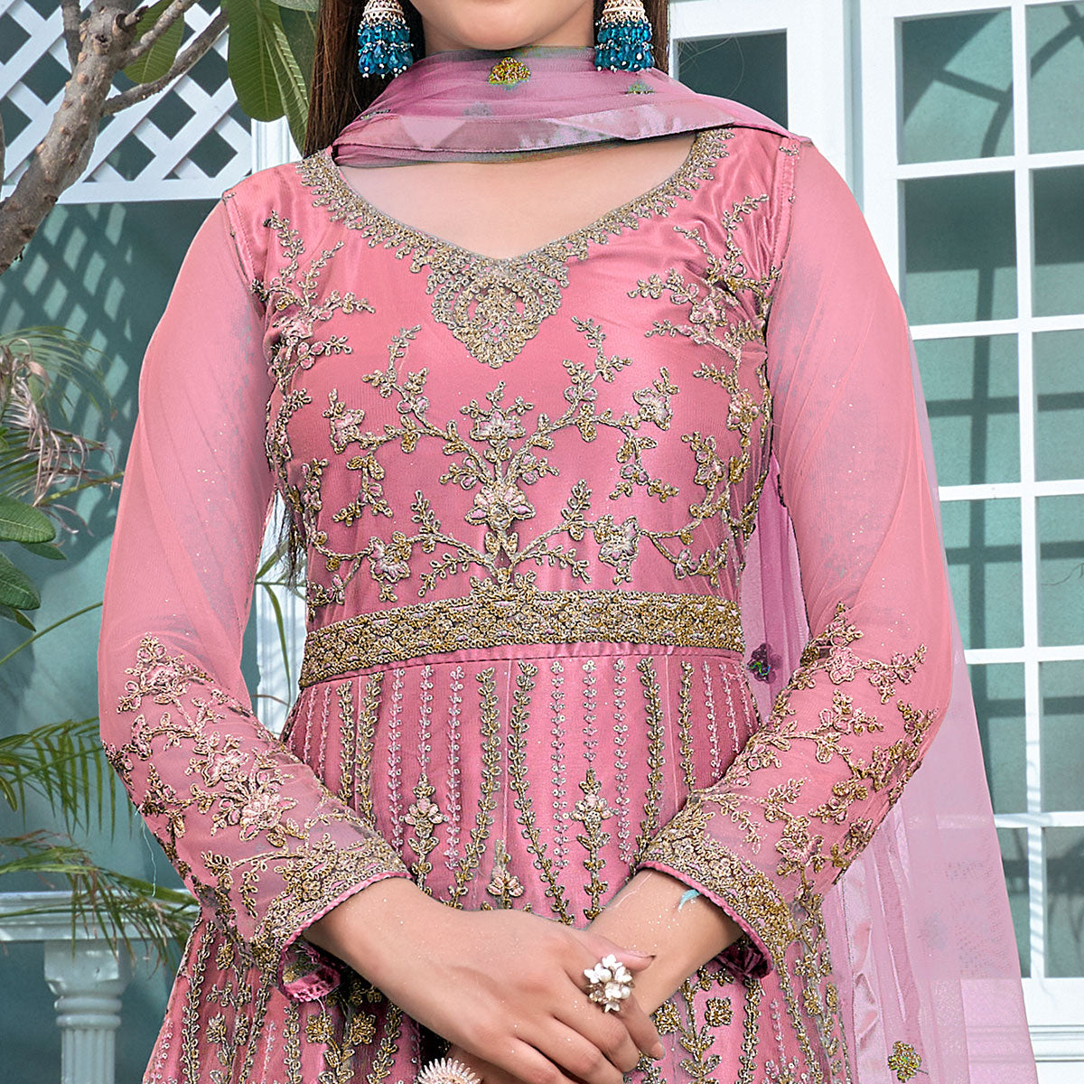Pink Floral Sequins Embroidered Net Semi Stitched Anarkali Suit