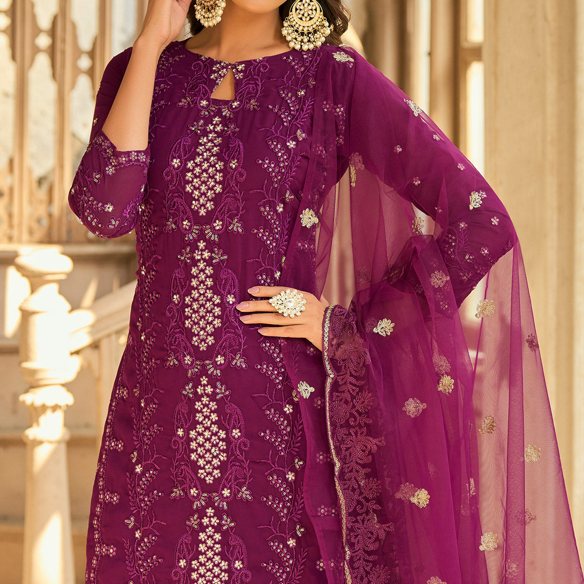 Purple Sequins Embroidered Georgette Semi Stitched Suit