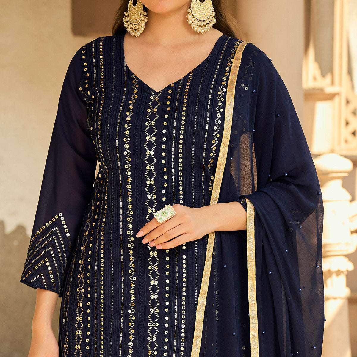 Navy Blue Sequins Embroidered Georgette Semi Stitched Suit
