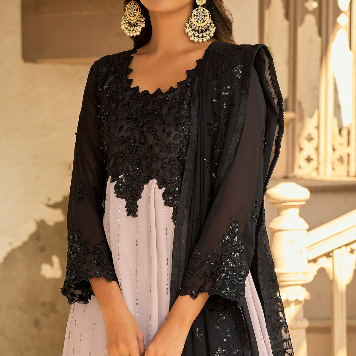 Pink & Black Sequins Embroidered Georgette Semi Stitched Suit