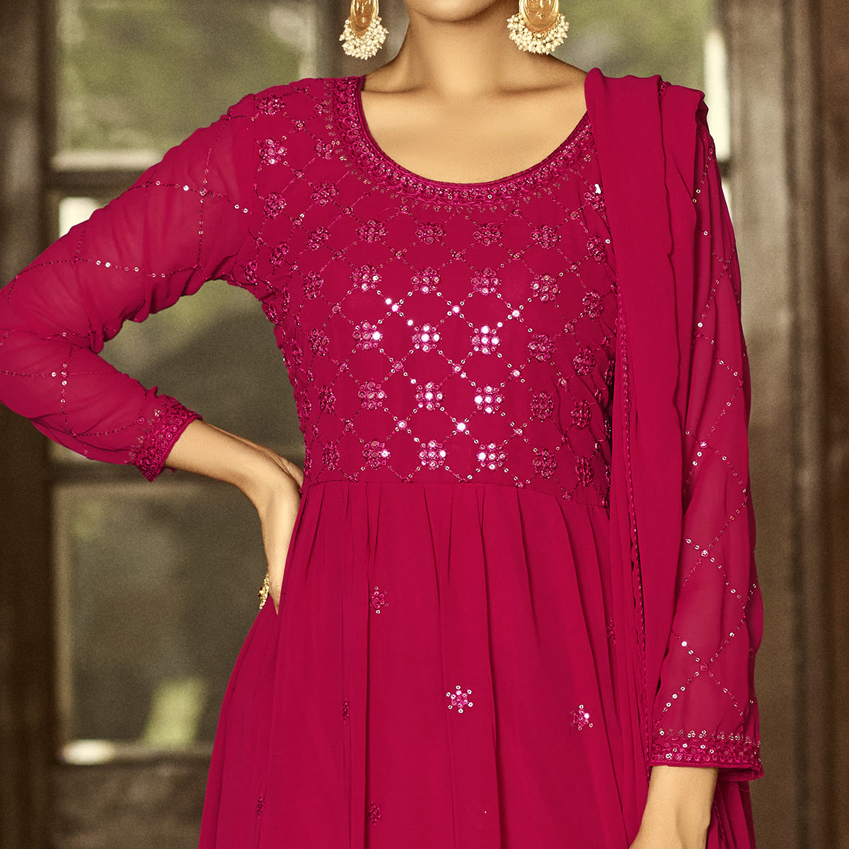 Dark Pink Floral Sequins Embroidered Georgette Semi Stitched Anarkali Suit