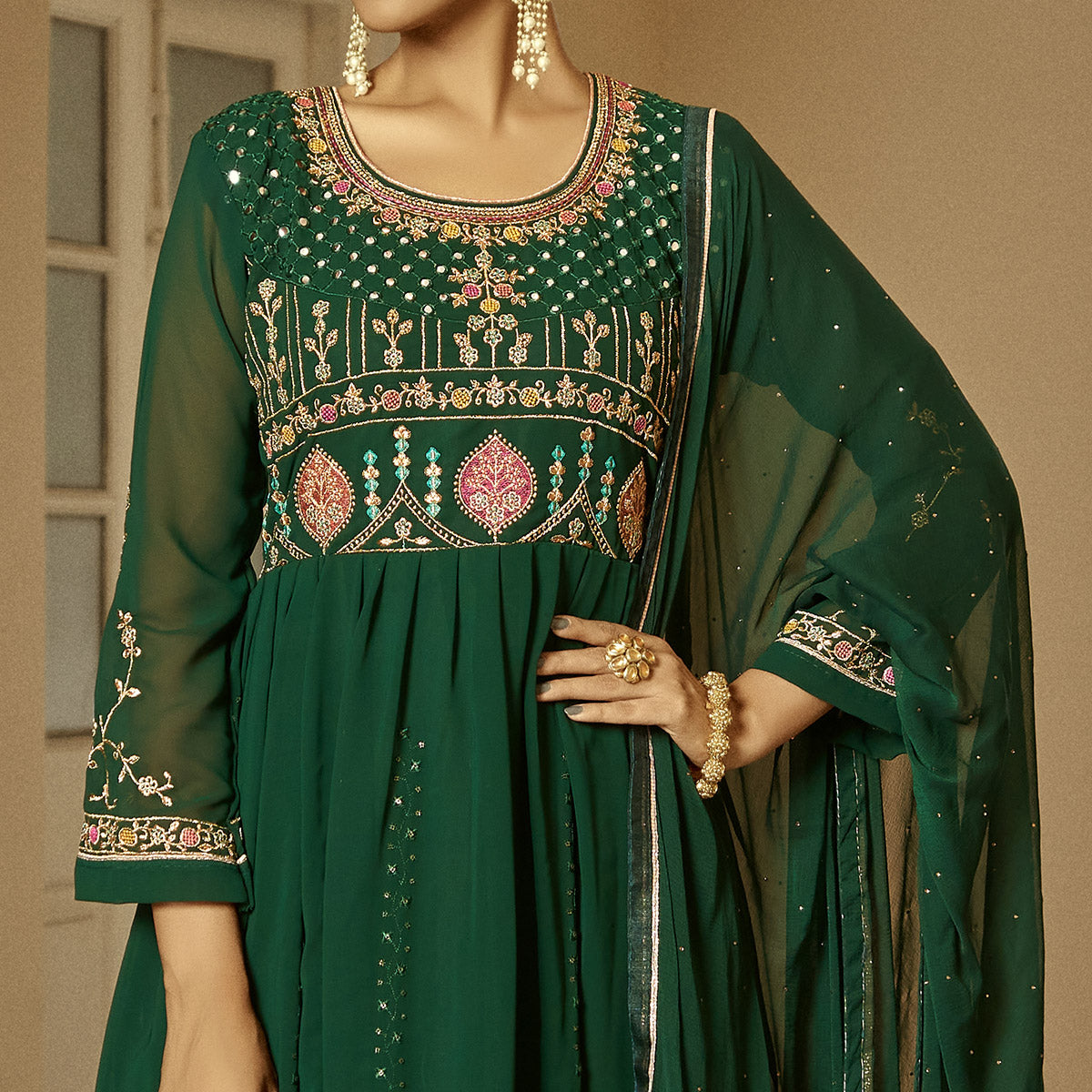 Green Floral Sequins Embroidered Georgette Semi Stitched Anarkali Suit