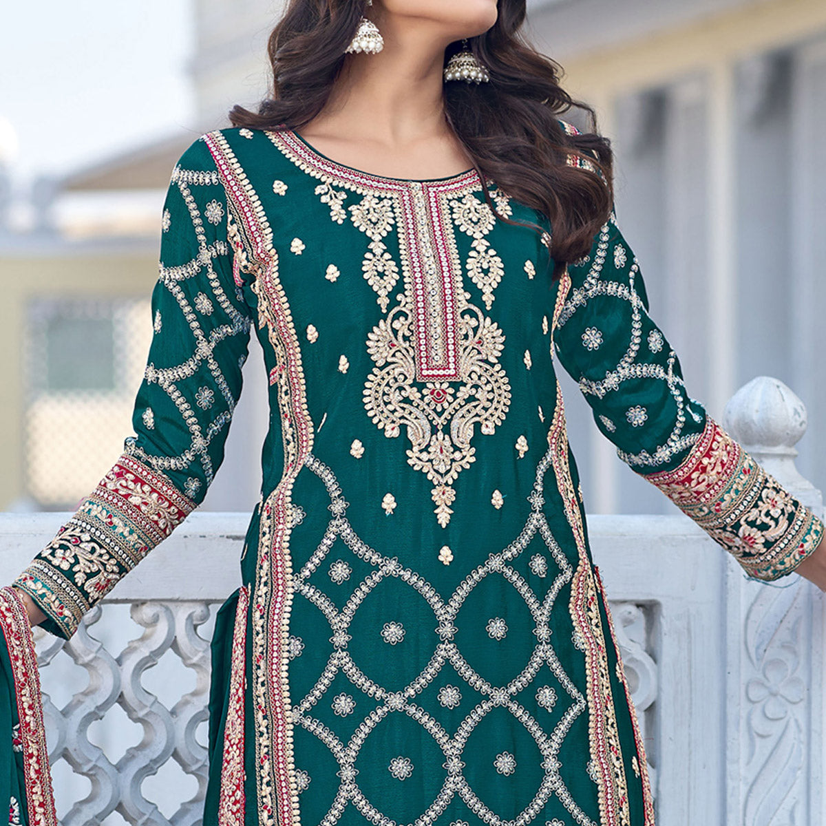 Teal Floral Embroidered Chinon Silk Semi Stitched Suit