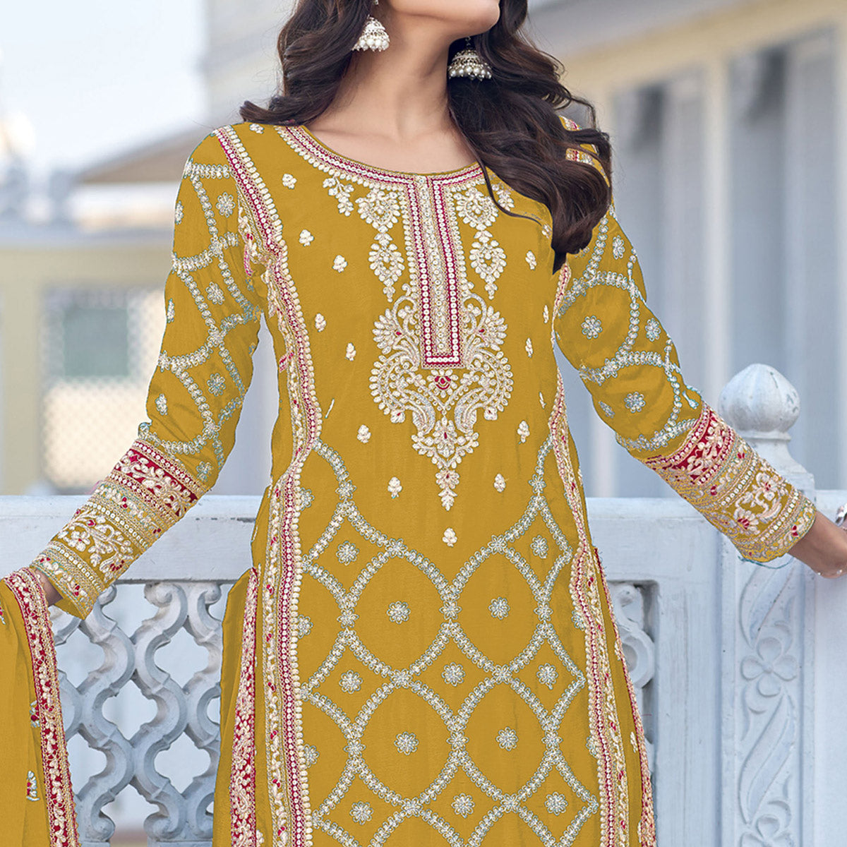 Mustard Floral Embroidered Chinon Silk Semi Stitched Suit
