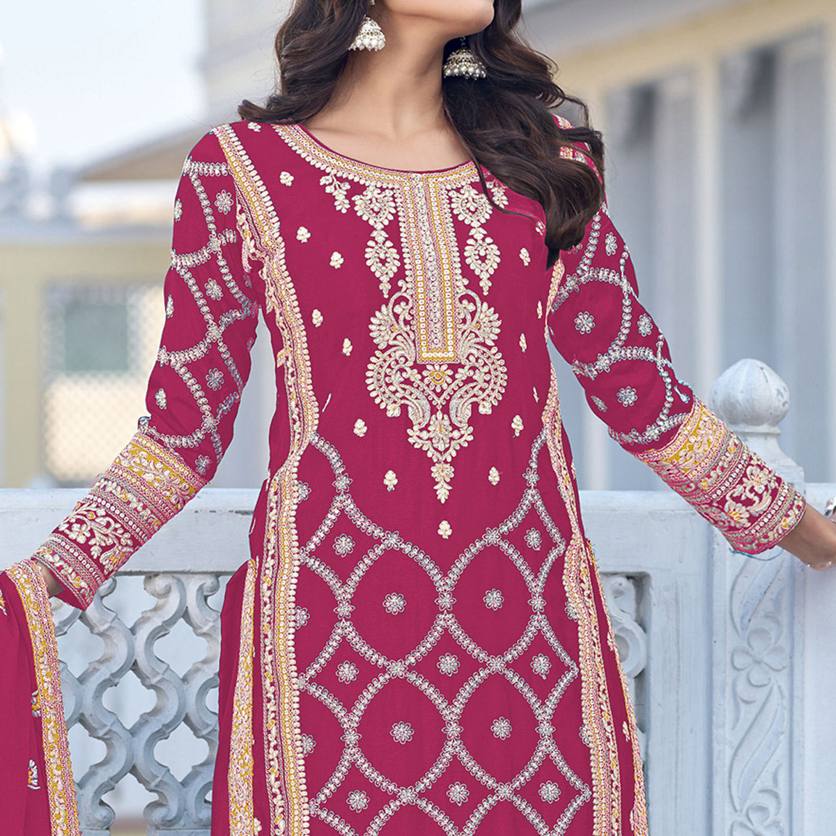 Dark Pink Floral Embroidered Chinon Silk Semi Stitched Suit