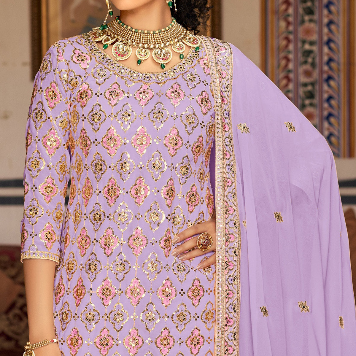 Light Purple Sequins Embroidered Georgette Semi Stitched Suit