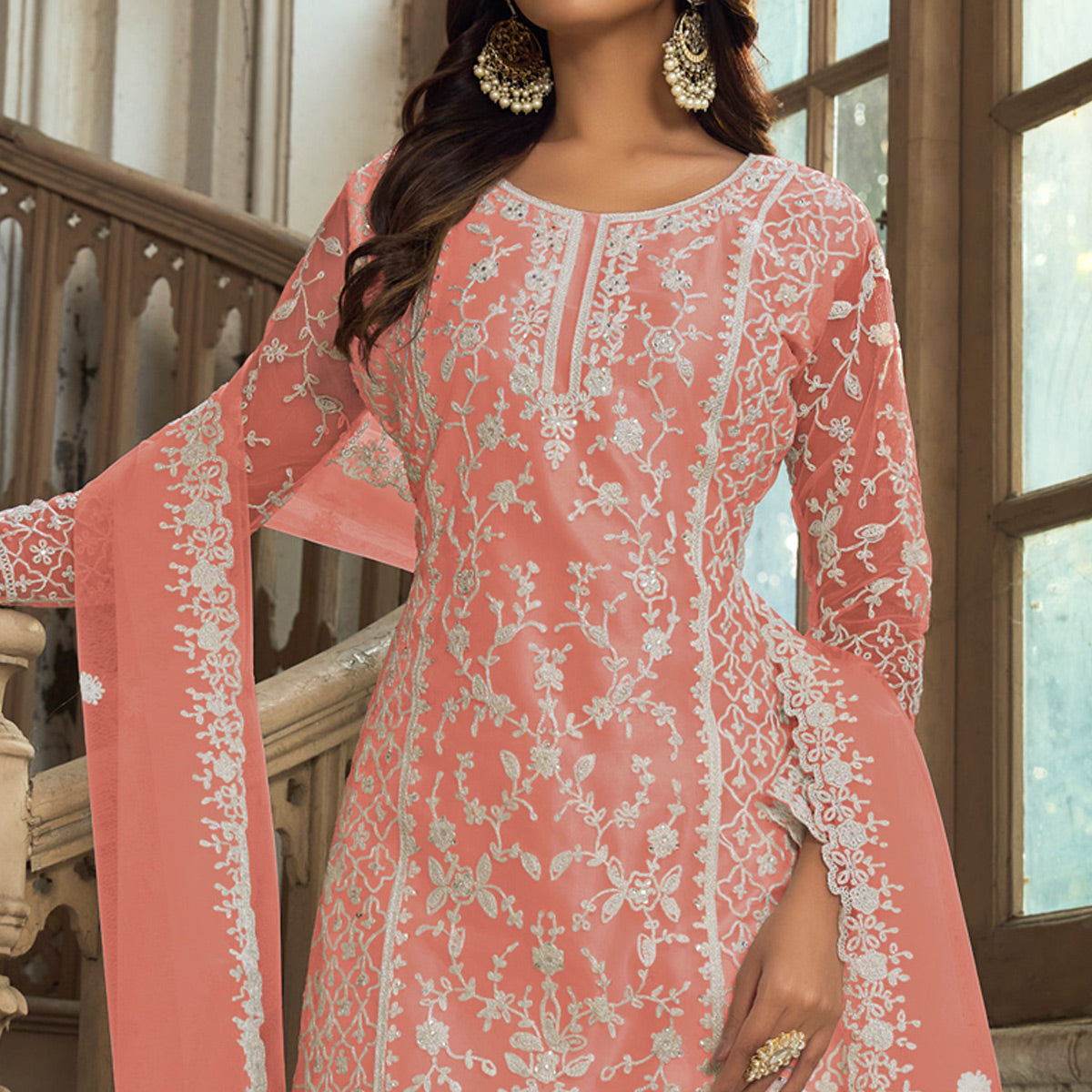 Peach Floral Embroidered Net Semi Stitched Suit