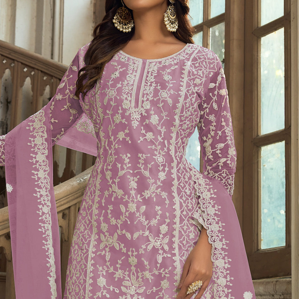 Mauve Floral Embroidered Net Semi Stitched Suit