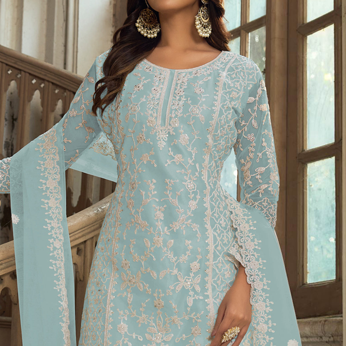 Sky Blue Floral Embroidered Net Semi Stitched Suit