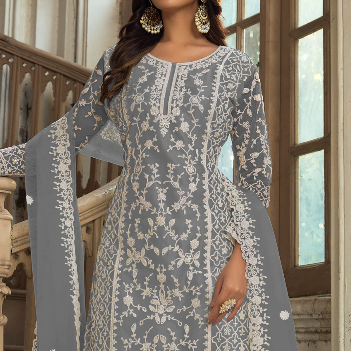 Grey Floral Embroidered Net Semi Stitched Suit