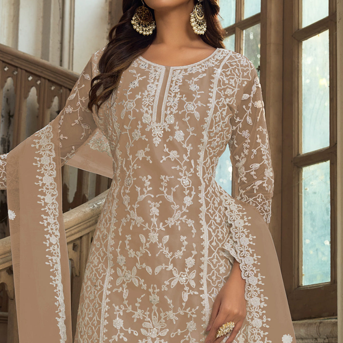 Brown Floral Embroidered Net Semi Stitched Suit