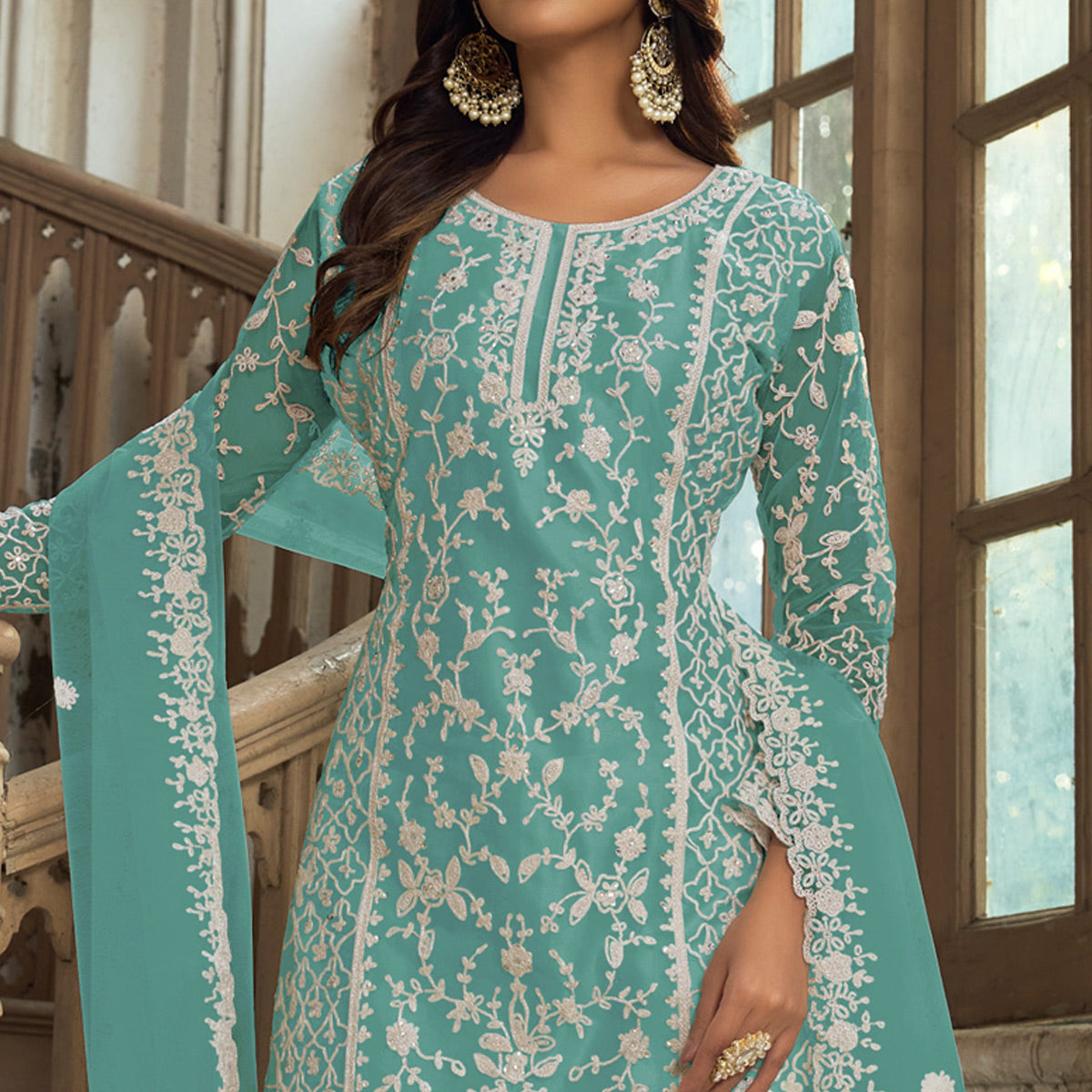 Turquoise Floral Embroidered Net Semi Stitched Suit