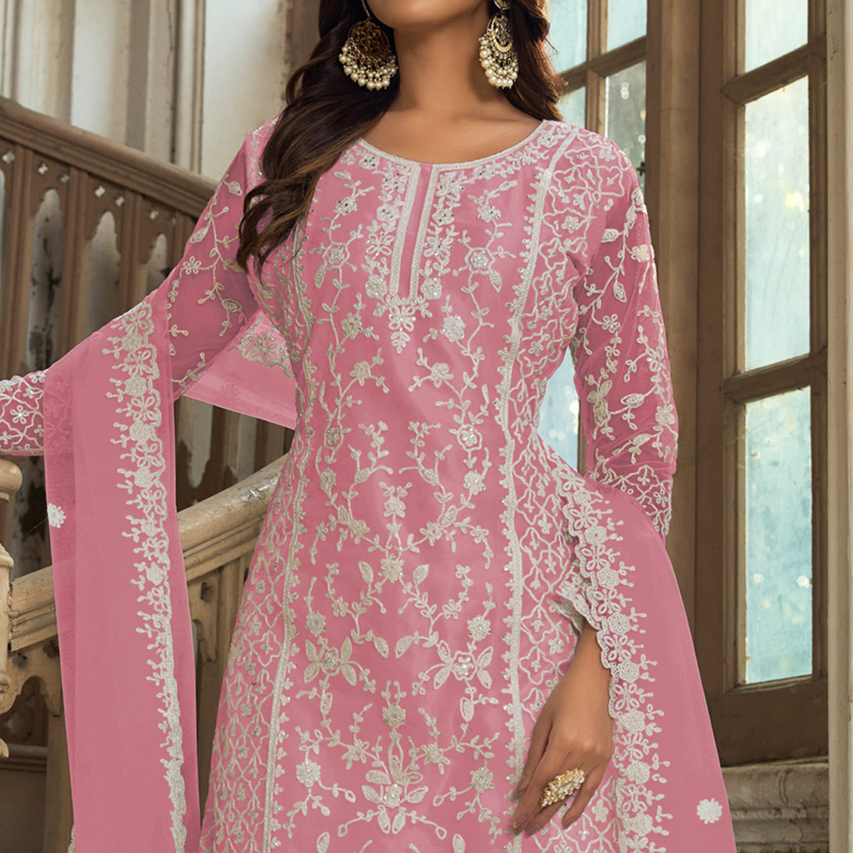 Pink Floral Embroidered Net Semi Stitched Suit