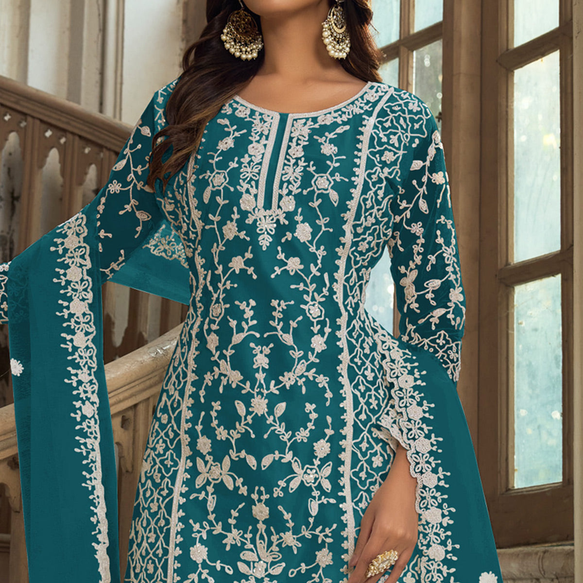 Morpich Floral Embroidered Net Semi Stitched Suit