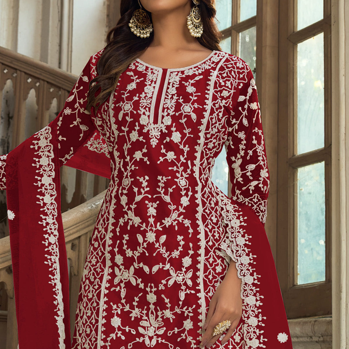 Red Floral Embroidered Net Semi Stitched Suit