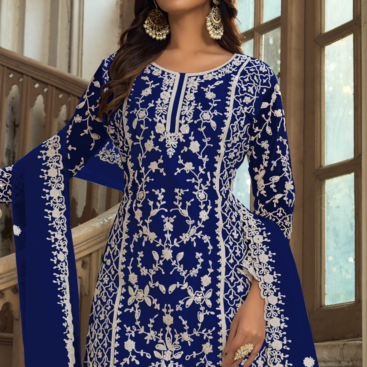 Royal Blue Floral Embroidered Net Semi Stitched Suit