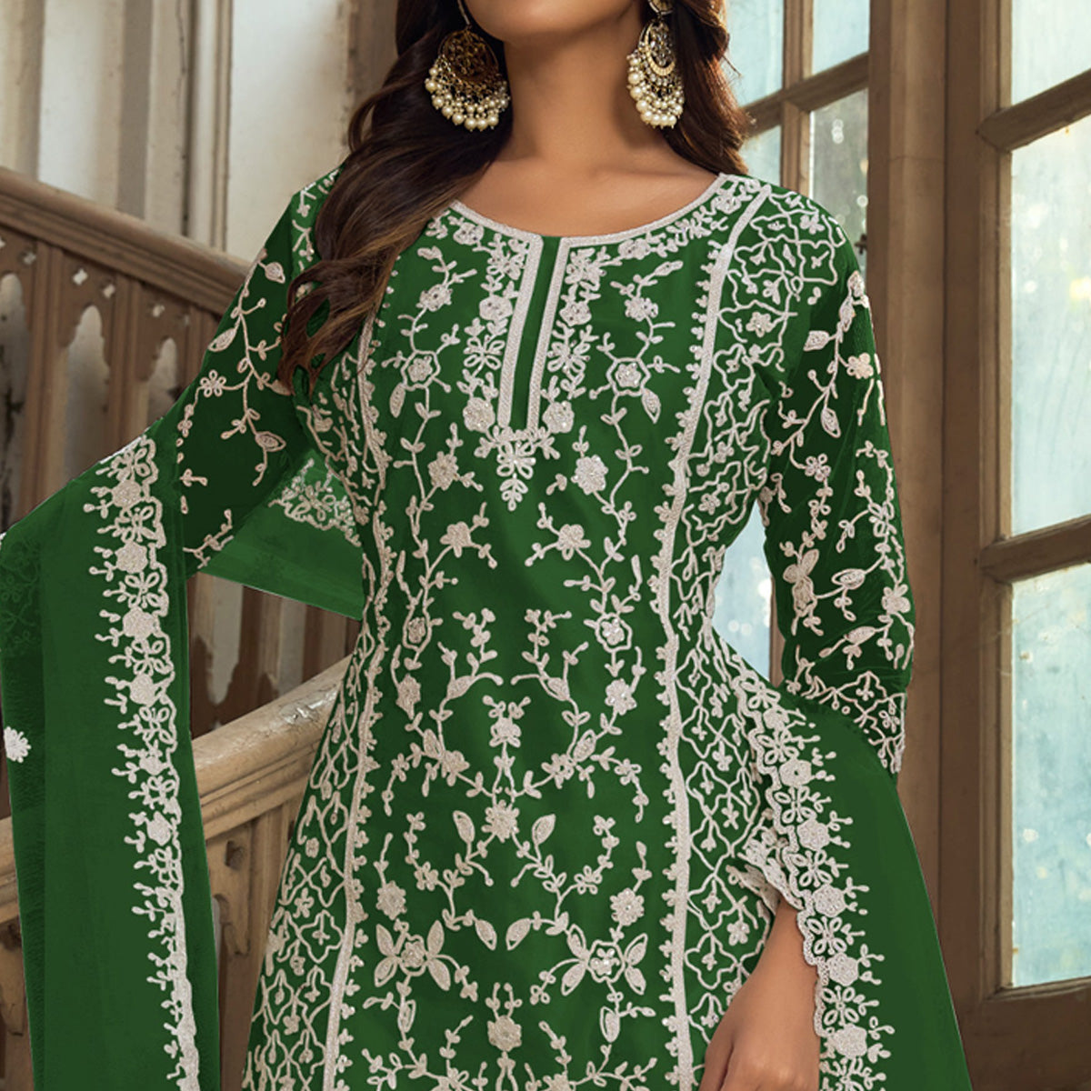 Green Floral Embroidered Net Semi Stitched Suit