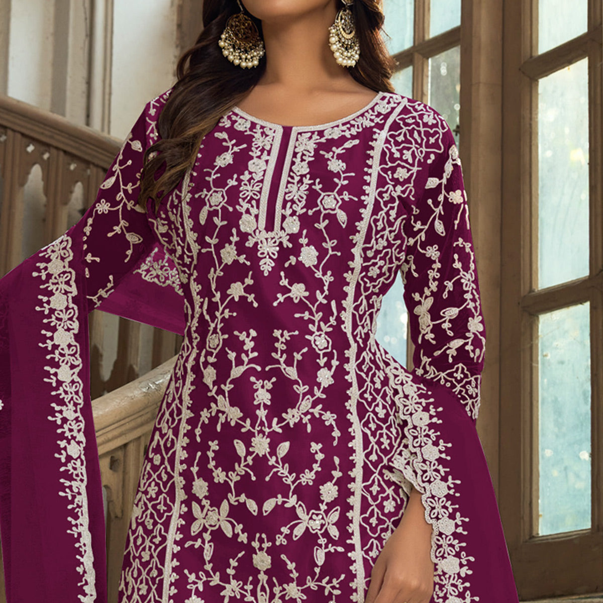 Purple Floral Embroidered Net Semi Stitched Suit