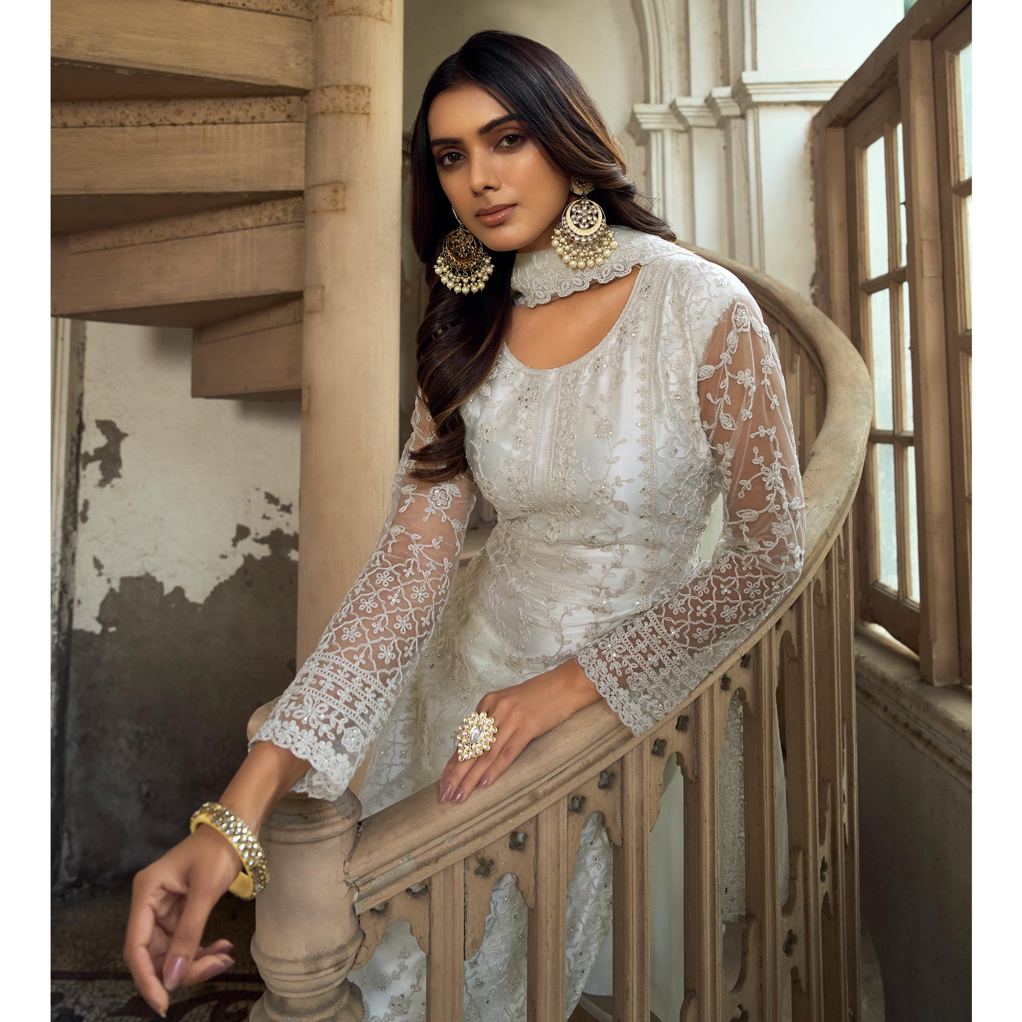 White Floral Embroidered Net Semi Stitched Pakistani Suit