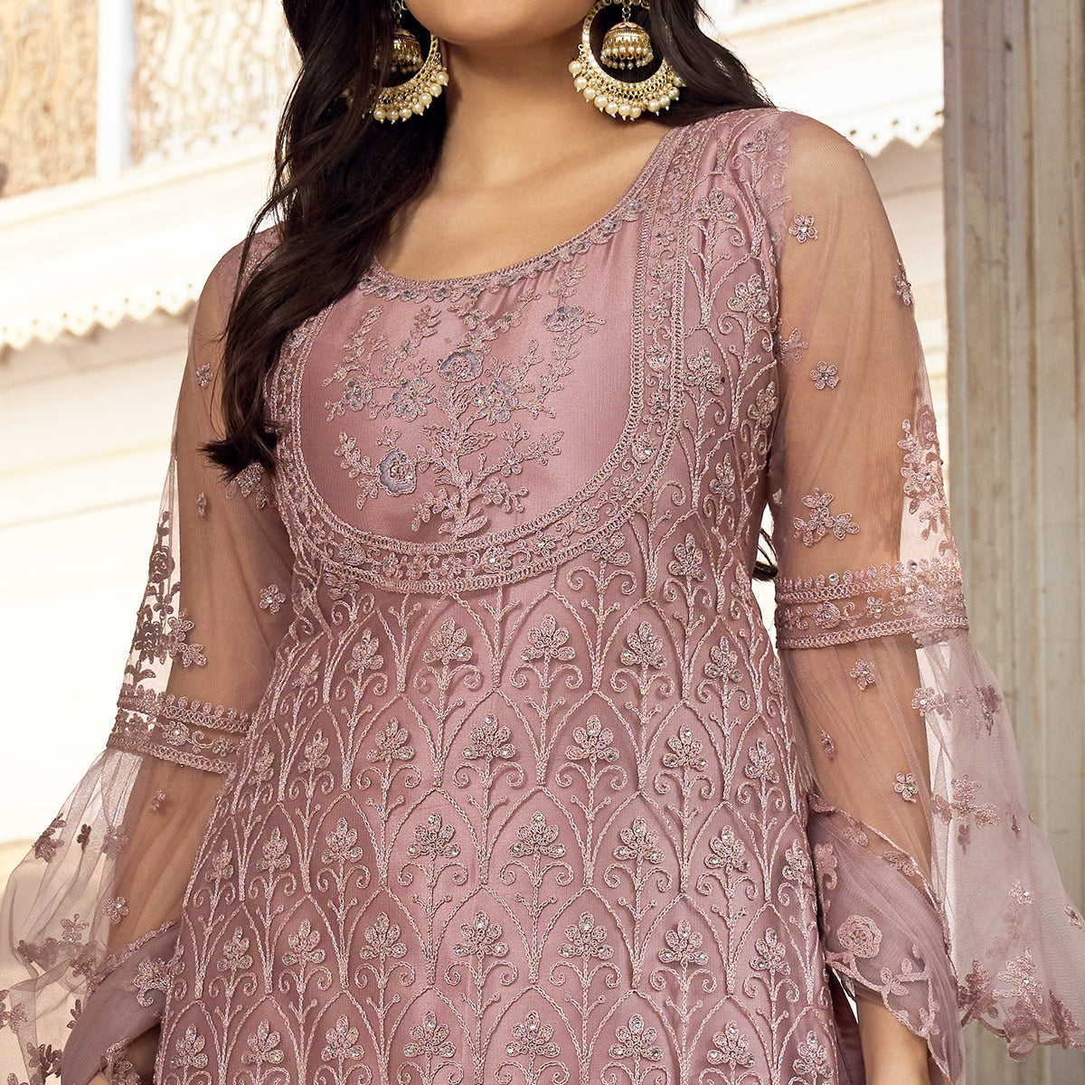 Mauve Floral Embroidered Net Semi Stitched Pakistani Suit