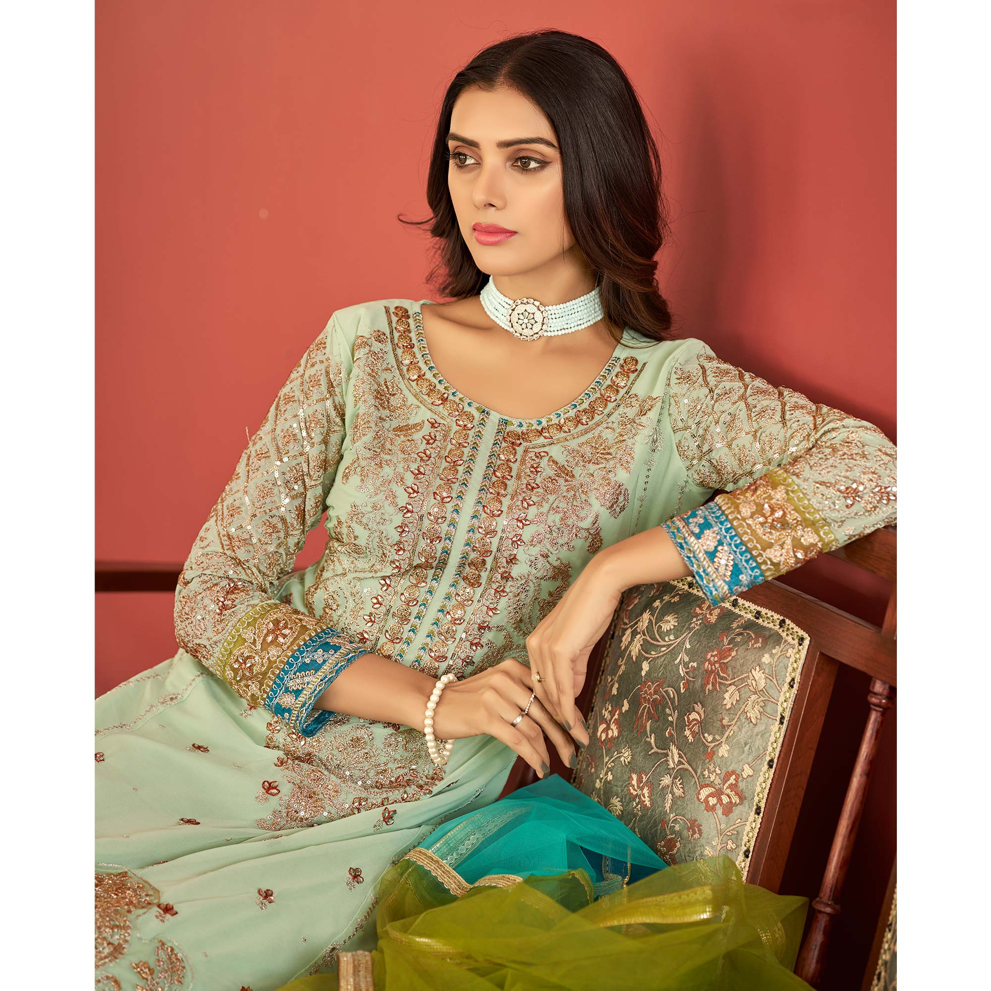 Green Floral Sequins Embroidered Georgette Semi Stitched Pakistani Suit