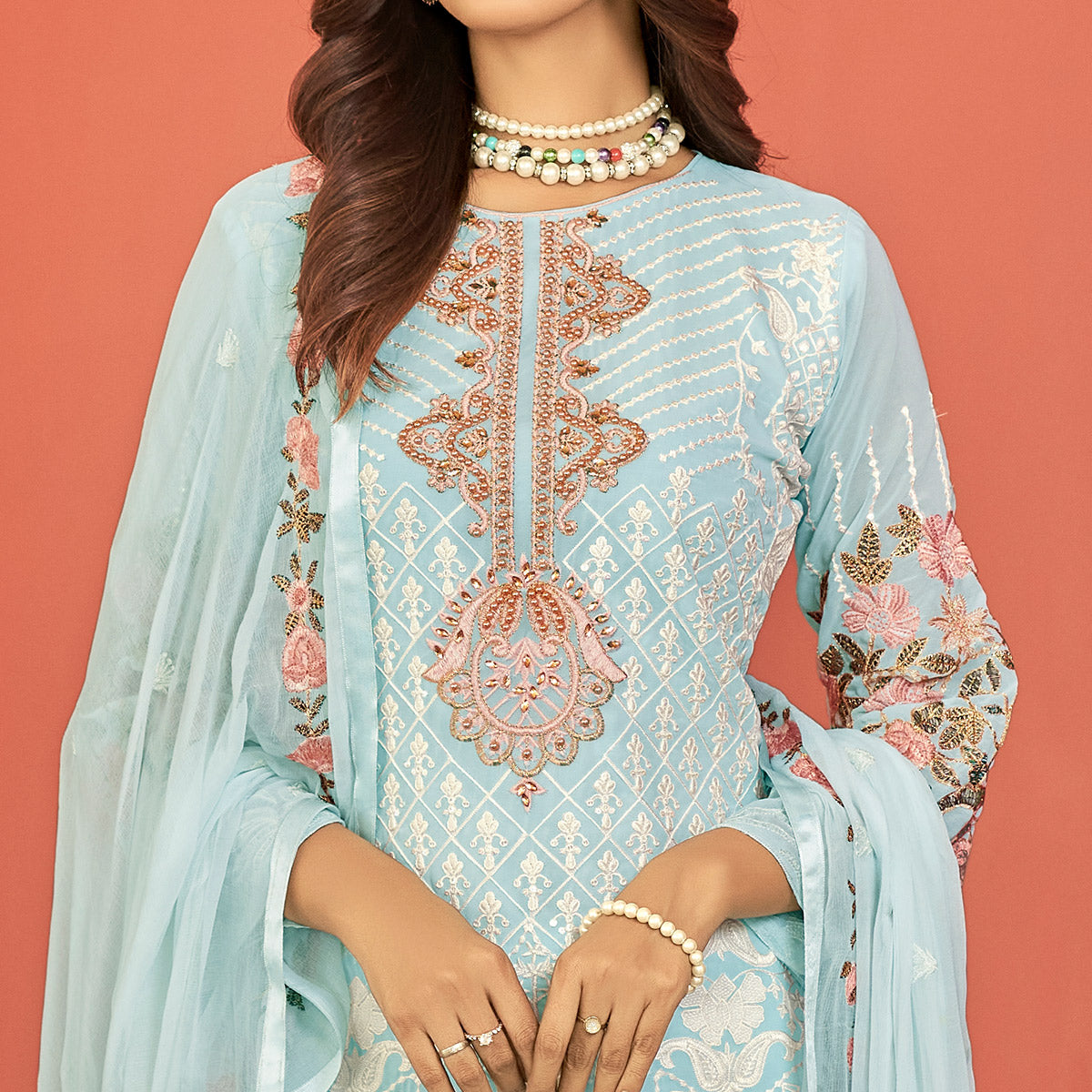 Blue Floral Sequins Embroidered Georgette Semi Stitched Pakistani Suit