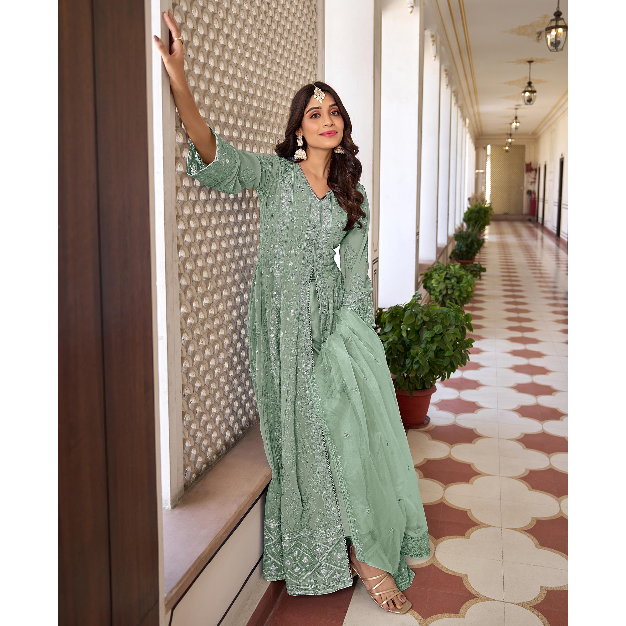 Mint Green Floral Sequins Embroidered Georgette Semi Stiched Suit