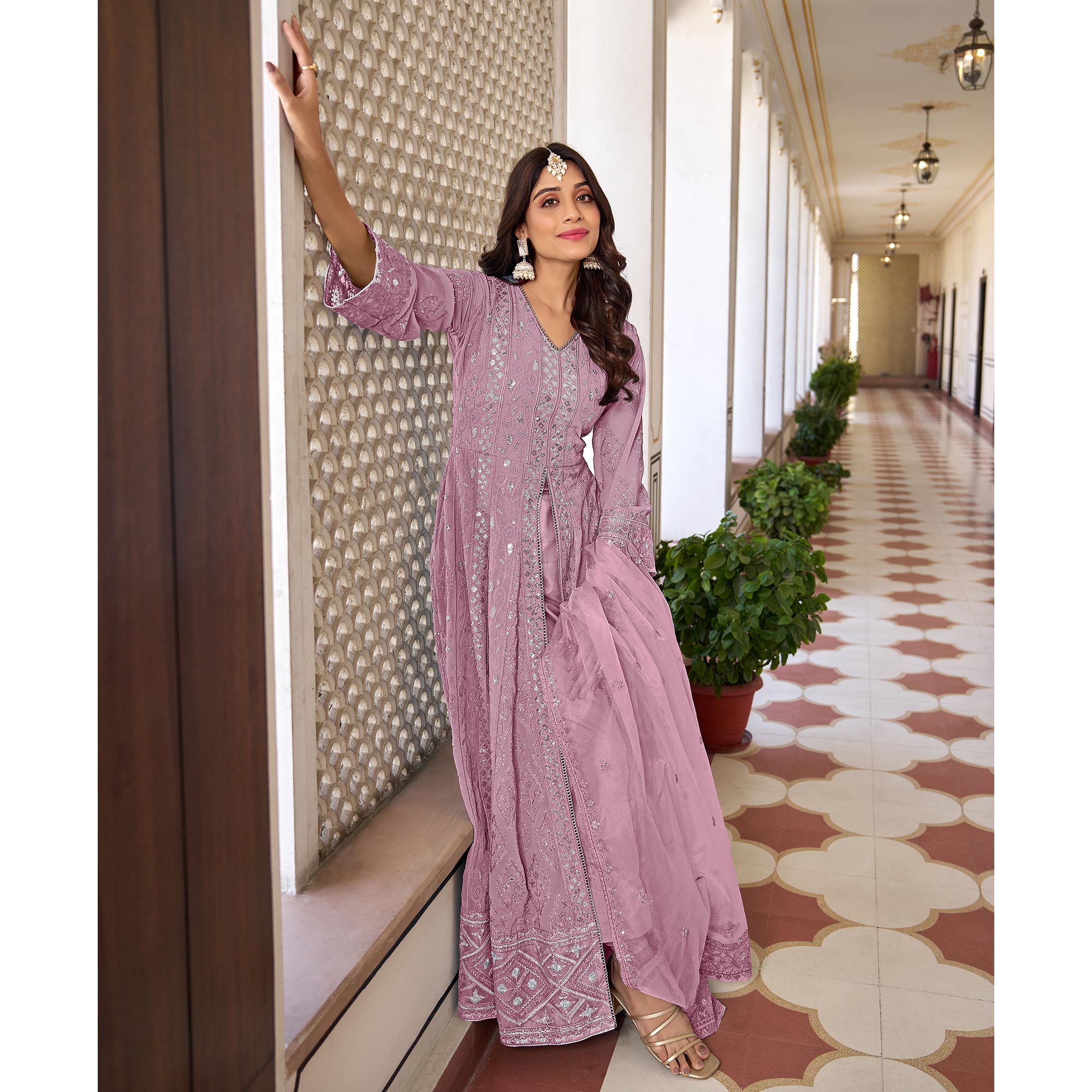 Pink Floral Sequins Embroidered Georgette Semi Stiched Suit