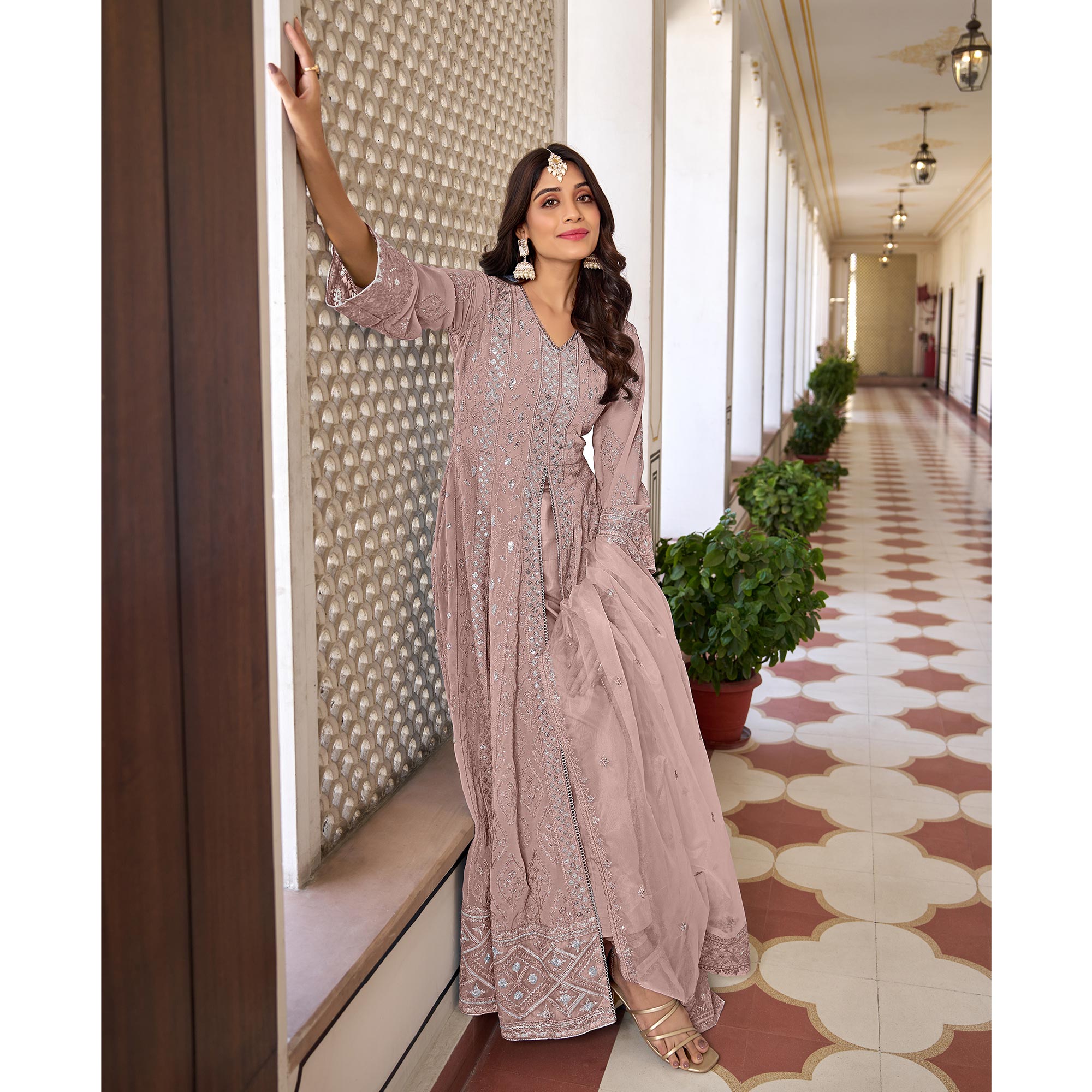 Dusty Peach Floral Sequins Embroidered Georgette Semi Stiched Suit