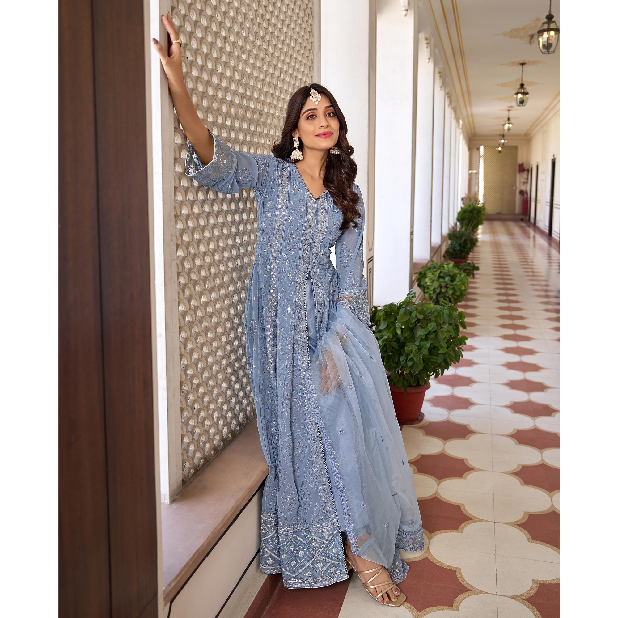 Blue Floral Sequins Embroidered Georgette Semi Stiched Suit