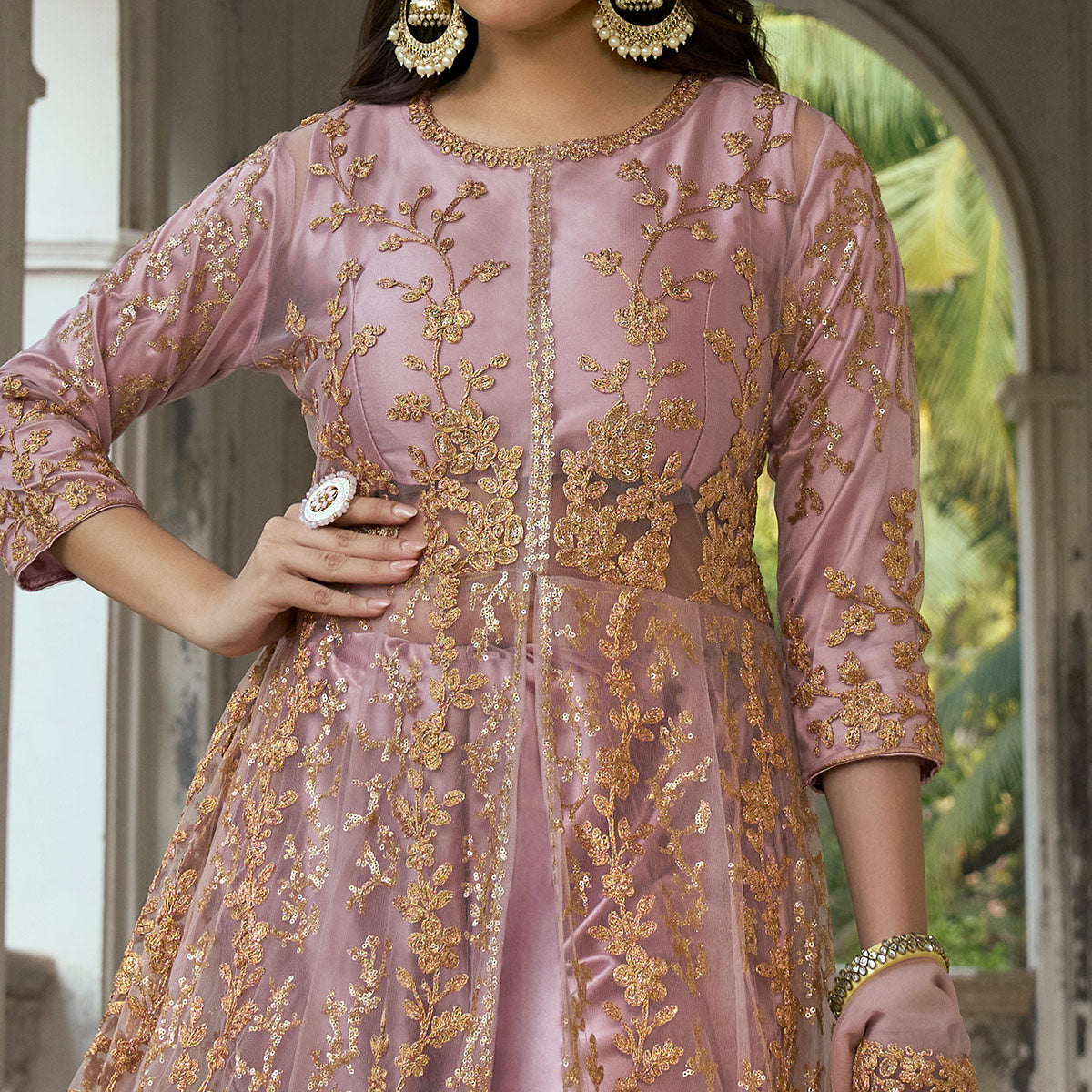 Mauve Floral Sequins Embroidered Net Semi Stiched Suit