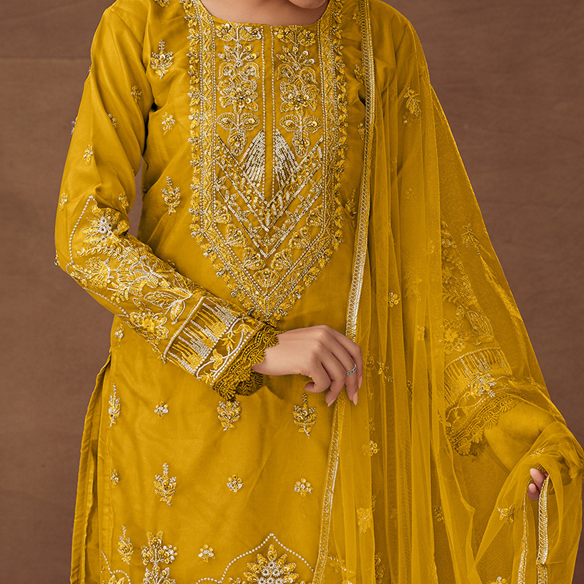 Mustard Floral Embroidered Organza Semi Stitched Pakistani Suit