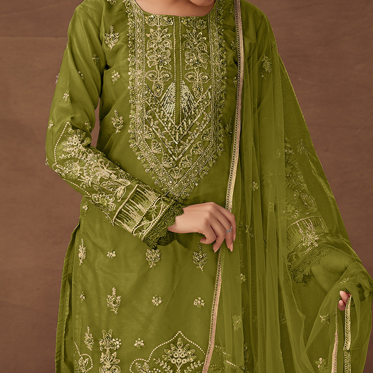 Green Floral Embroidered Organza Semi Stitched Pakistani Suit