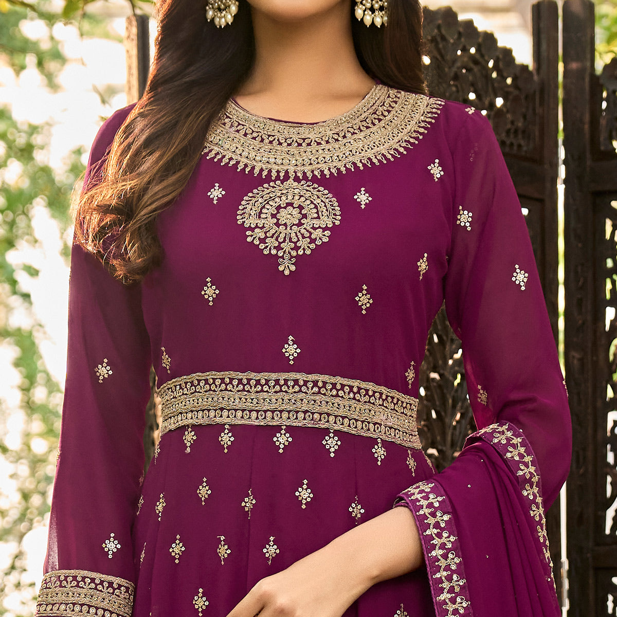 Purple Floral Sequins Embroidered Georgette Semi Stitched Anarkali Suit