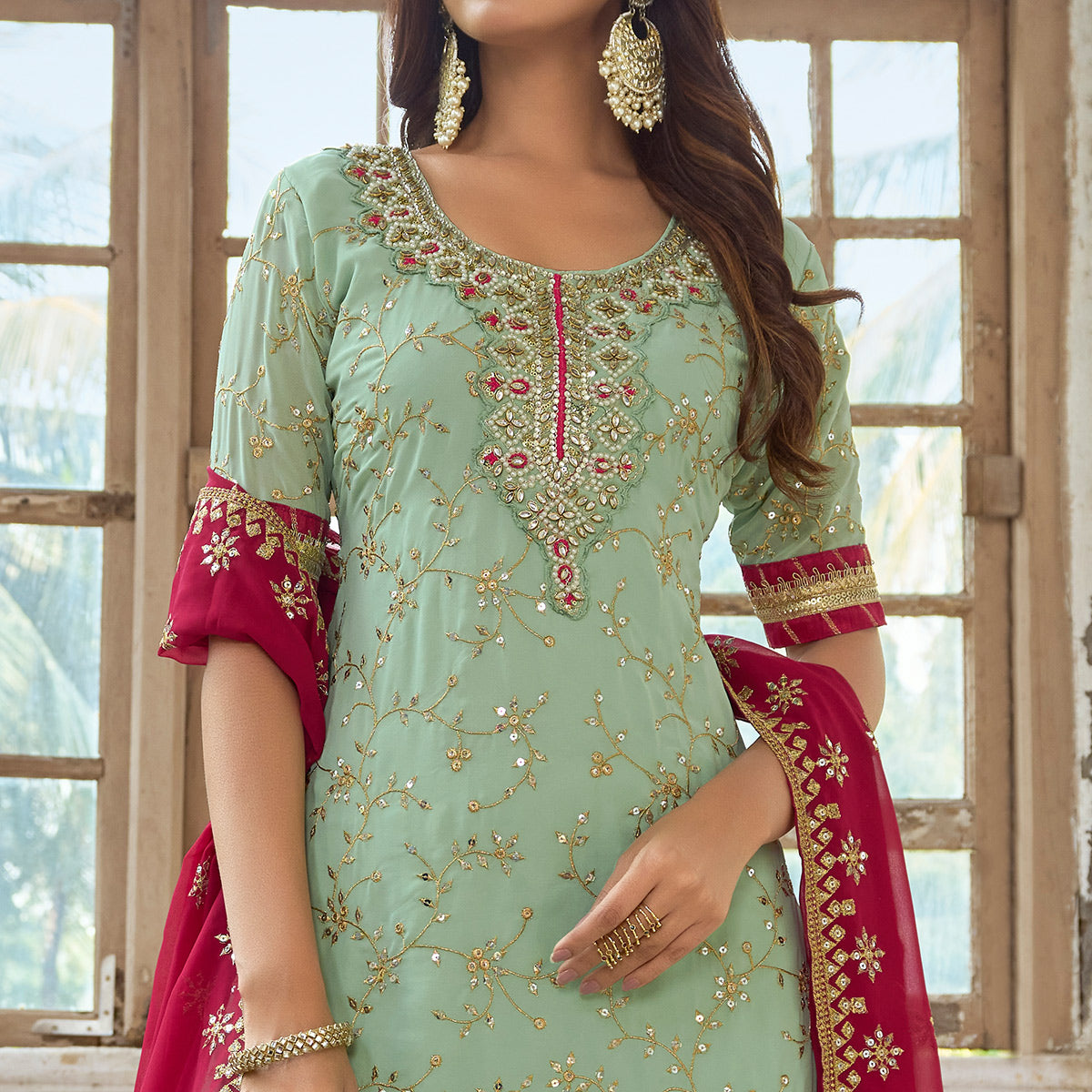 Green Floral Embroidered Georgette Semi Stitched Suit