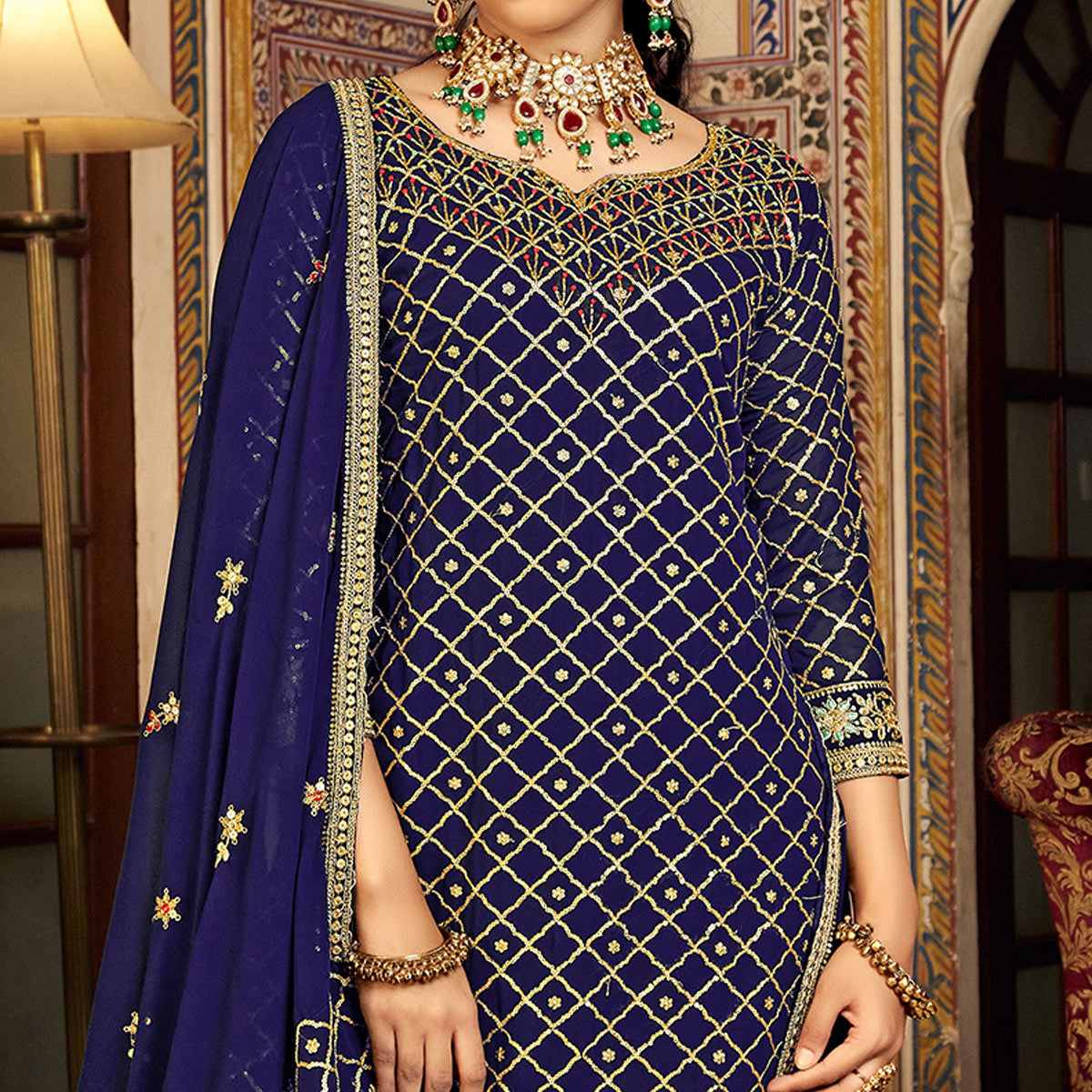 Blue Sequins Embroidered Chinon Semi Stitched Suit