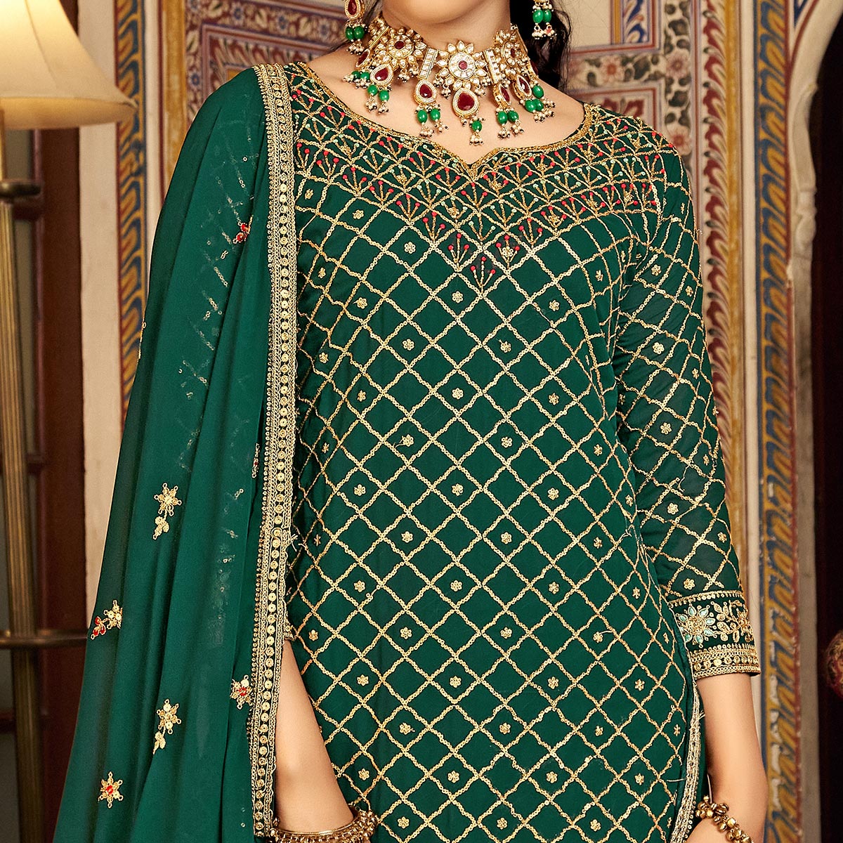 Green Sequins Embroidered Chinon Semi Stitched Suit
