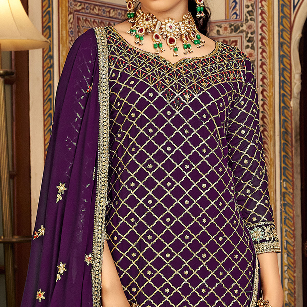 Purple Sequins Embroidered Chinon Semi Stitched Suit