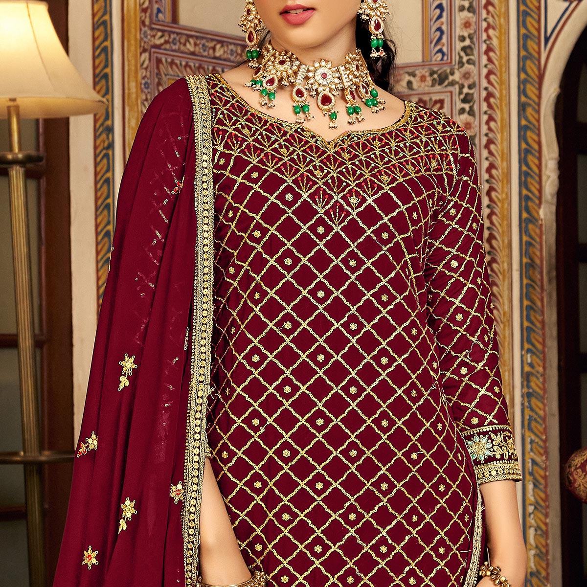 Maroon Sequins Embroidered Chinon Semi Stitched Suit