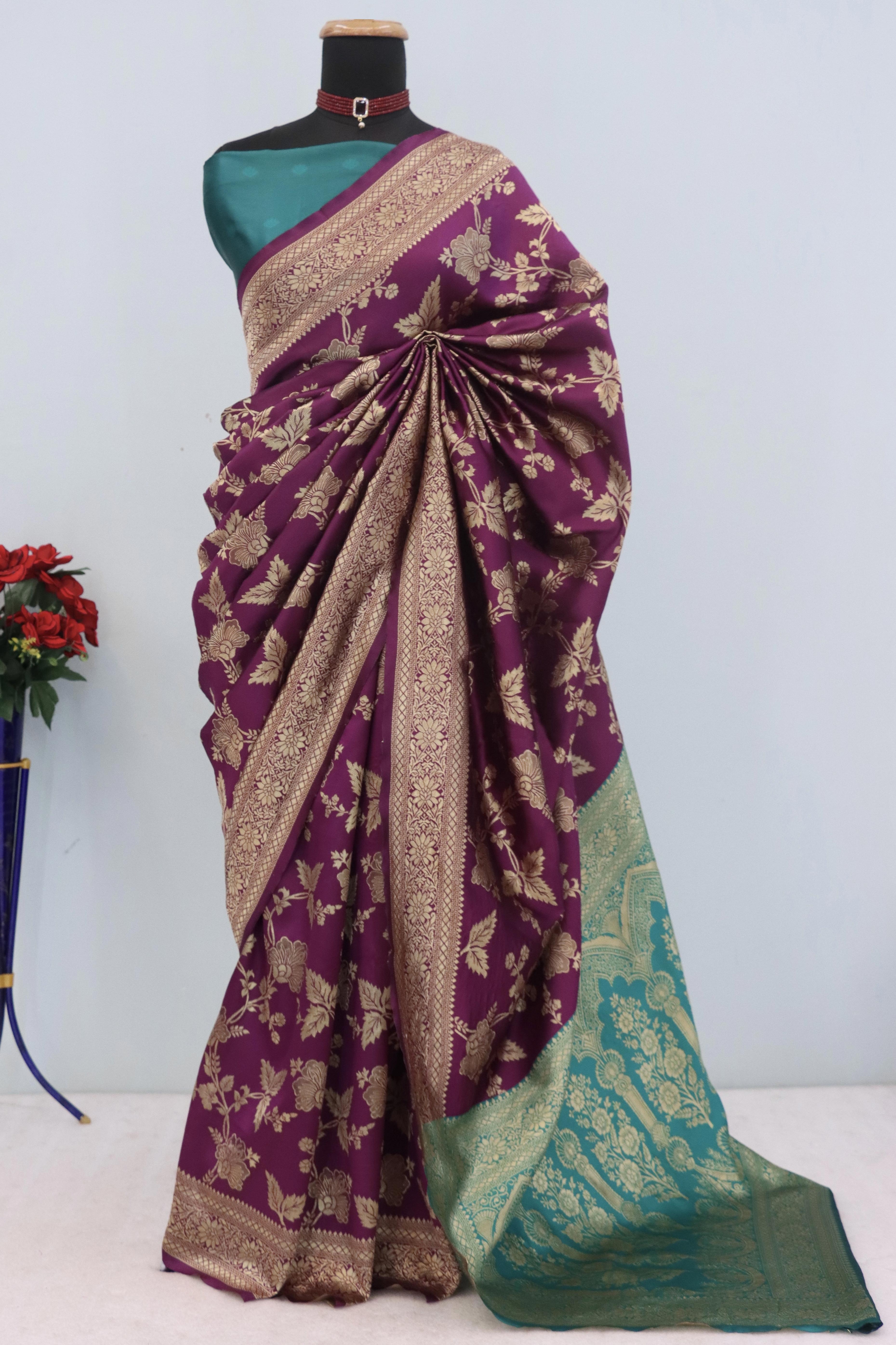 Graceful Wine & Rama Banarasi Silk Saree Featuring Intricate Floral Zari Weaving Work